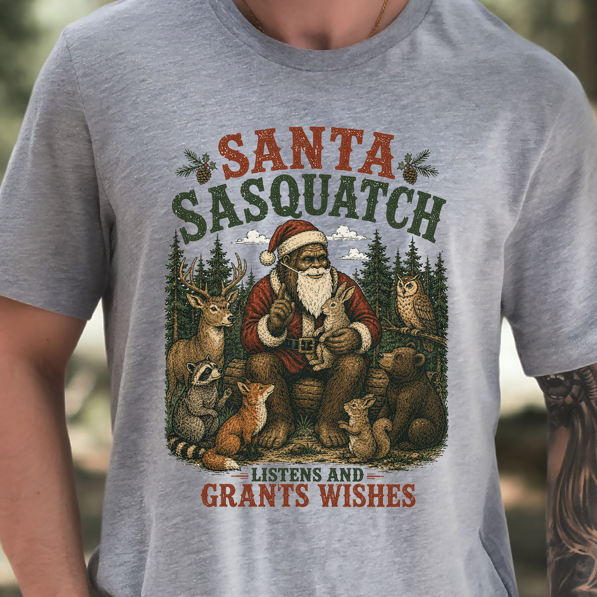 Santa Sasquatch Listens and Grants Wishes Christmas Bigfoot T-Shirt