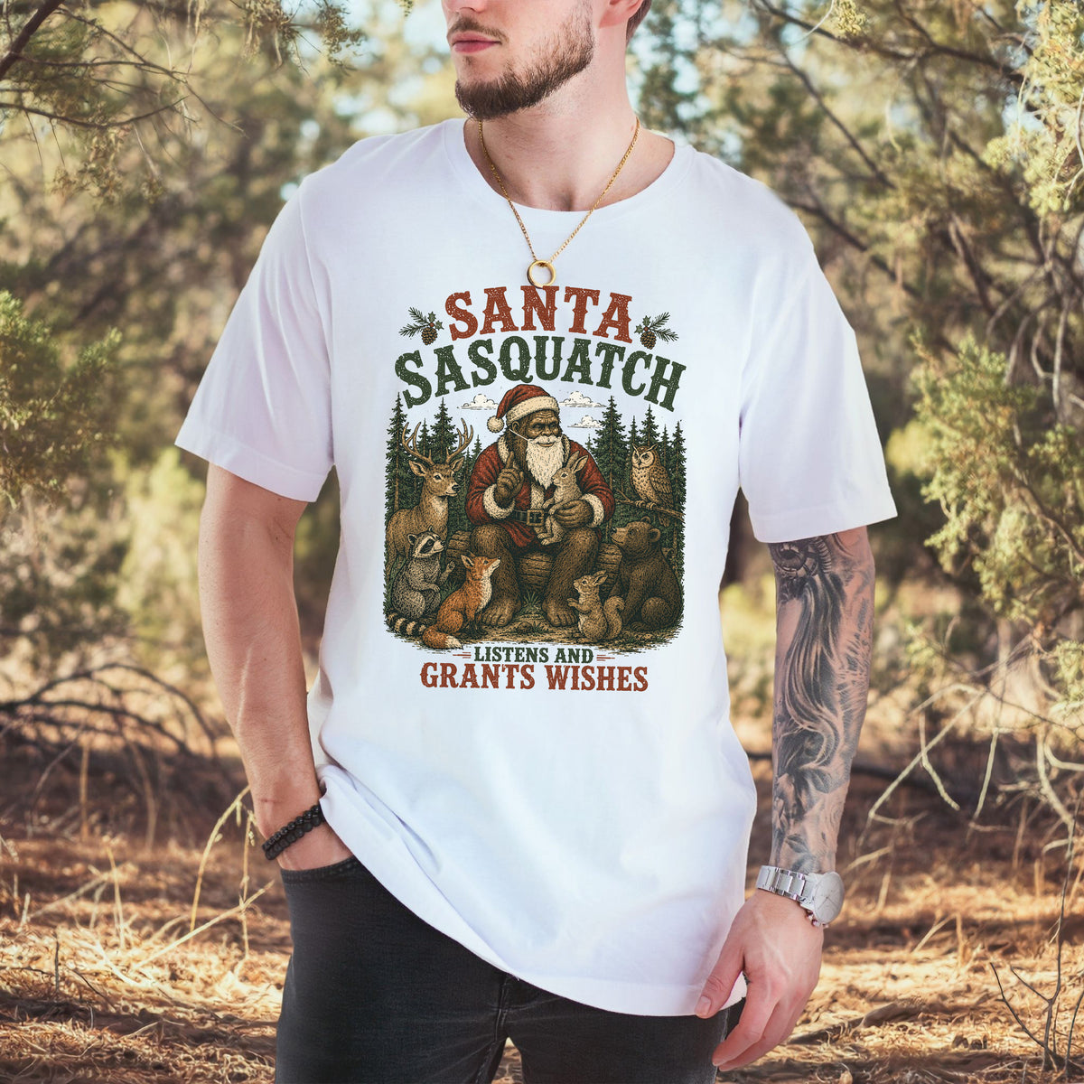 Santa Sasquatch Listens and Grants Wishes Christmas Bigfoot T-Shirt