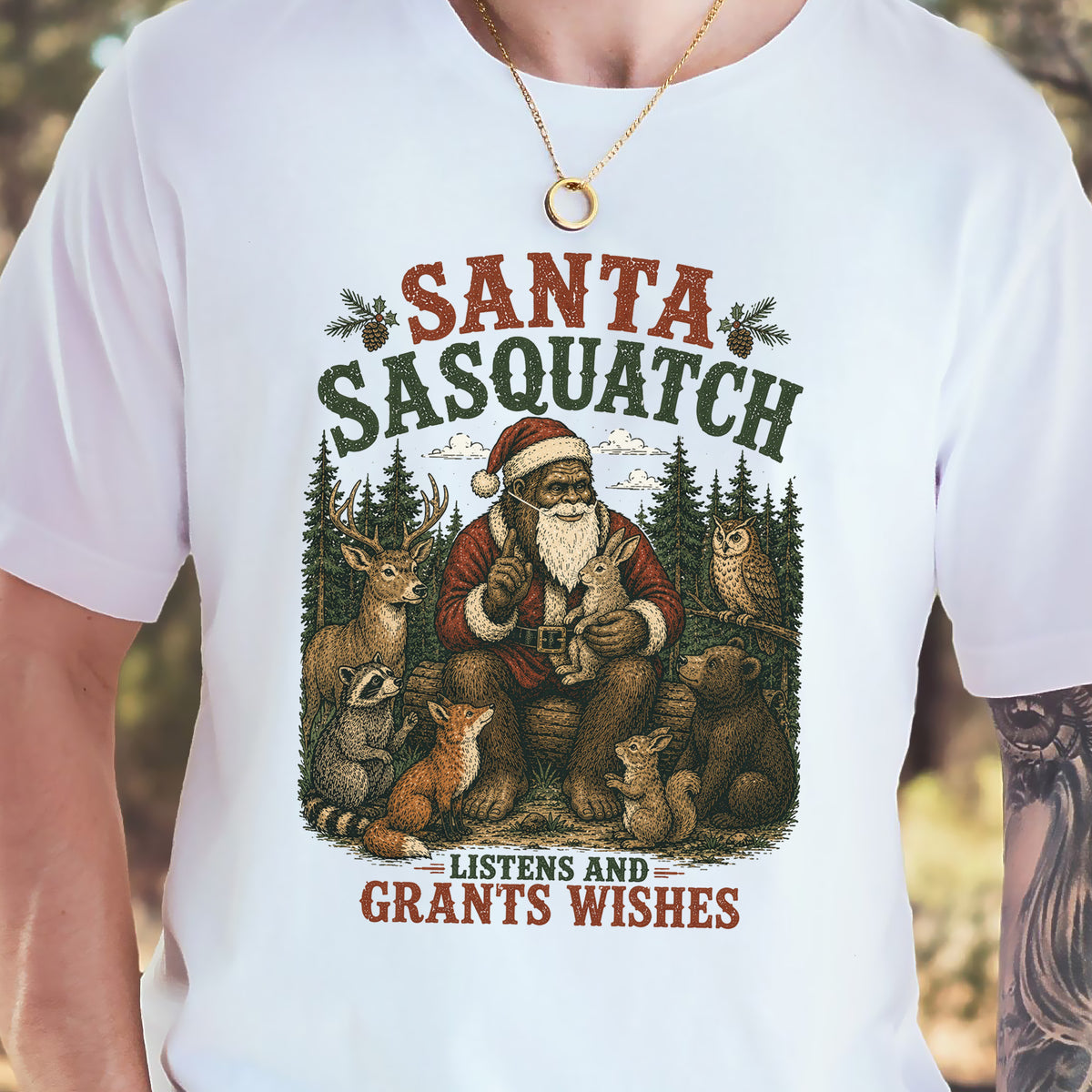 Santa Sasquatch Listens and Grants Wishes Christmas Bigfoot T-Shirt
