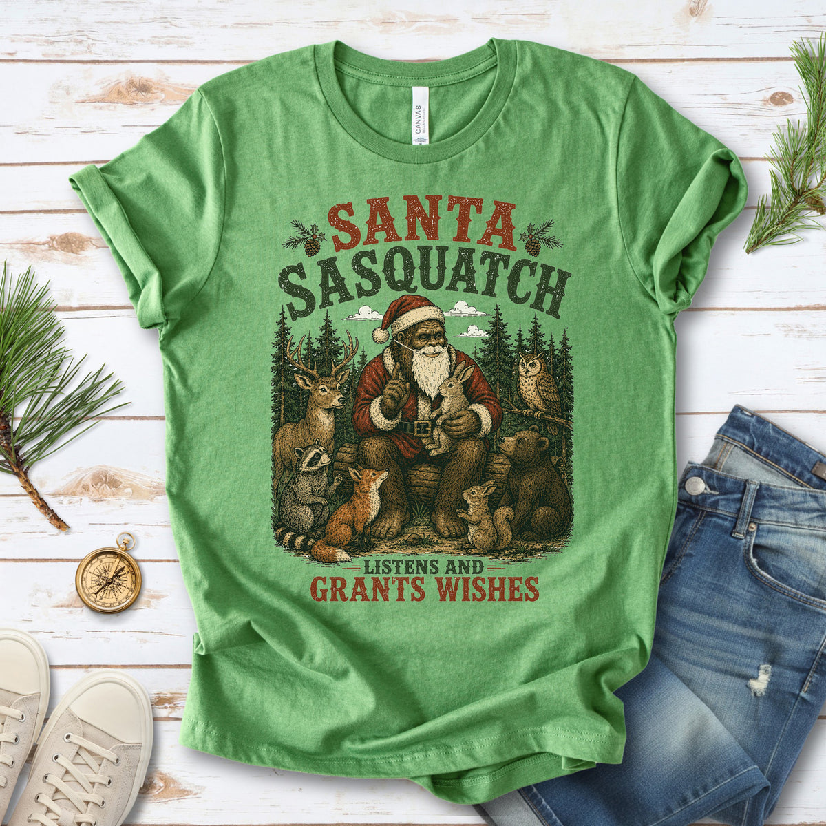 Santa Sasquatch Listens and Grants Wishes Christmas Bigfoot T-Shirt