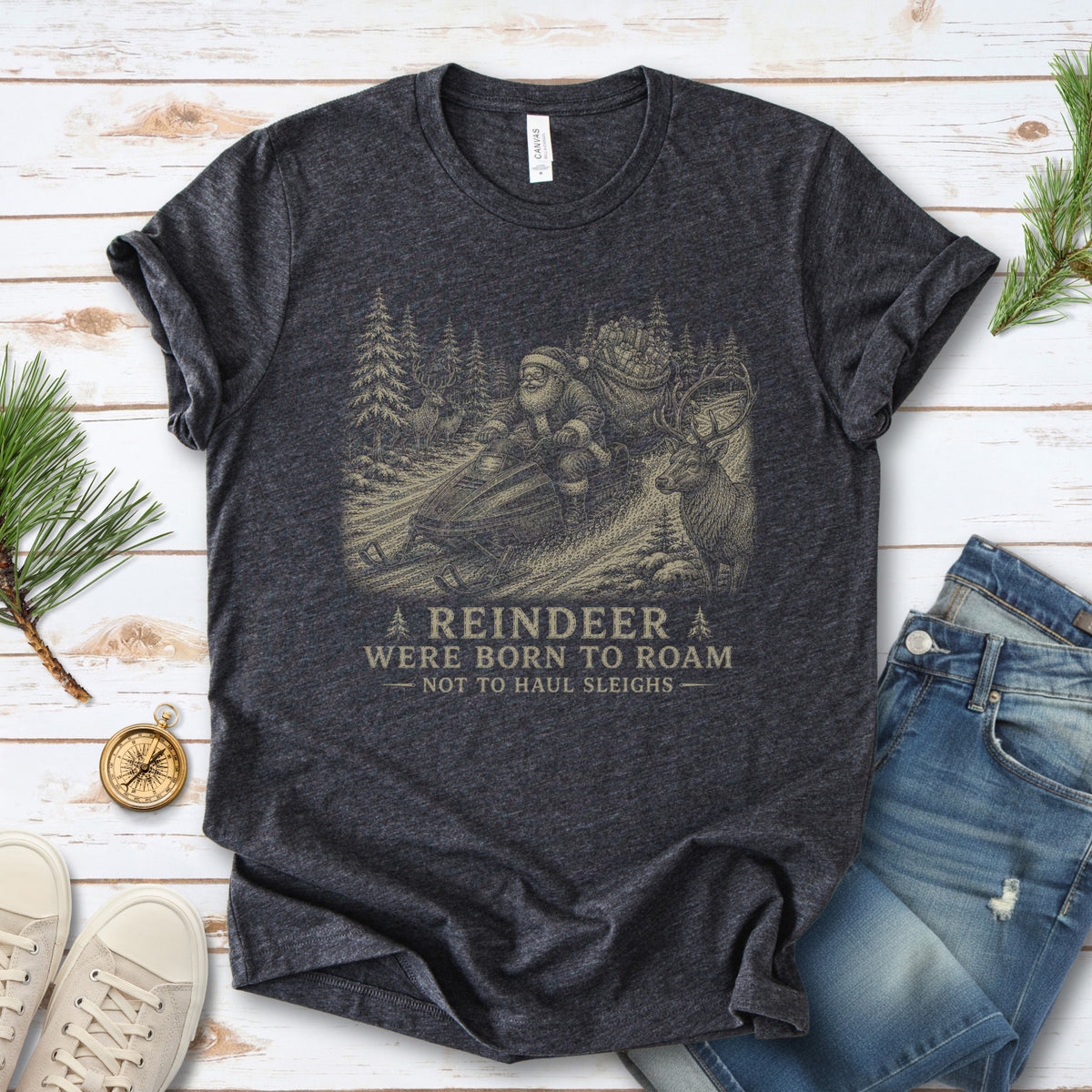 Reindeer Were Born to Roam T-Shirt – Santa Snowmobile Christmas Deer Tee