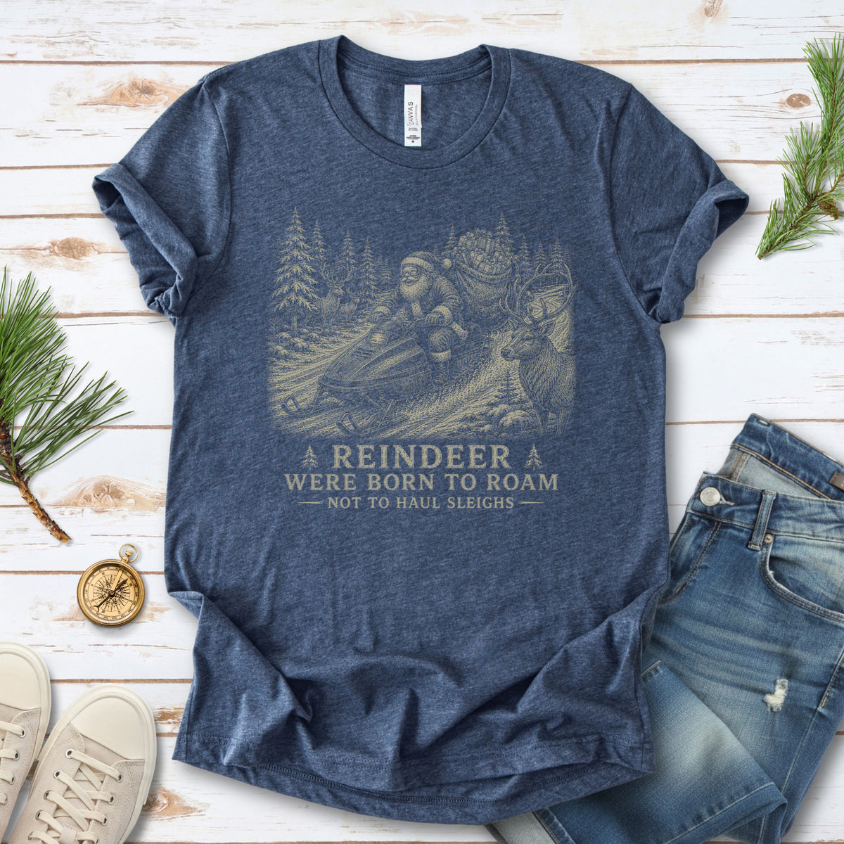Reindeer Were Born to Roam T-Shirt – Santa Snowmobile Christmas Deer Tee