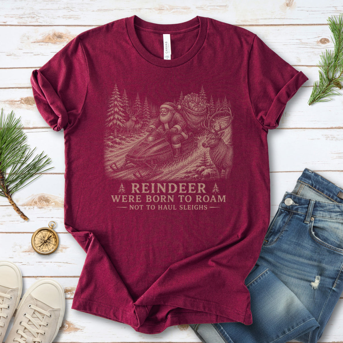 Reindeer Were Born to Roam T-Shirt – Santa Snowmobile Christmas Deer Tee