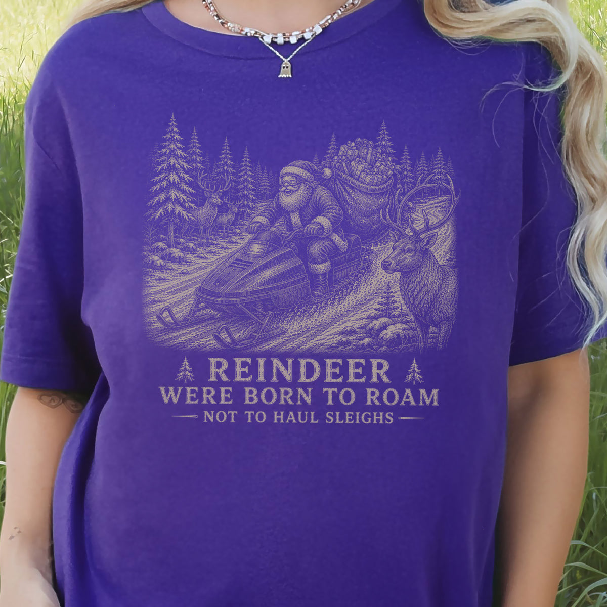 Reindeer Were Born to Roam T-Shirt – Santa Snowmobile Christmas Deer Tee