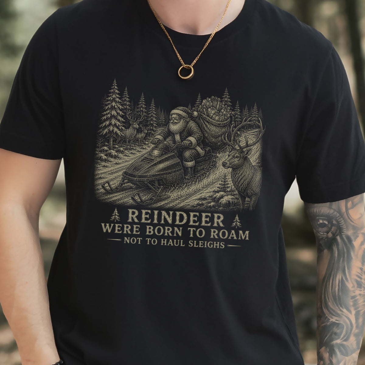 Reindeer Were Born to Roam T-Shirt – Santa Snowmobile Christmas Deer Tee