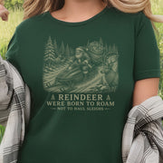 Reindeer Were Born to Roam T-Shirt – Santa Snowmobile Christmas Deer Tee