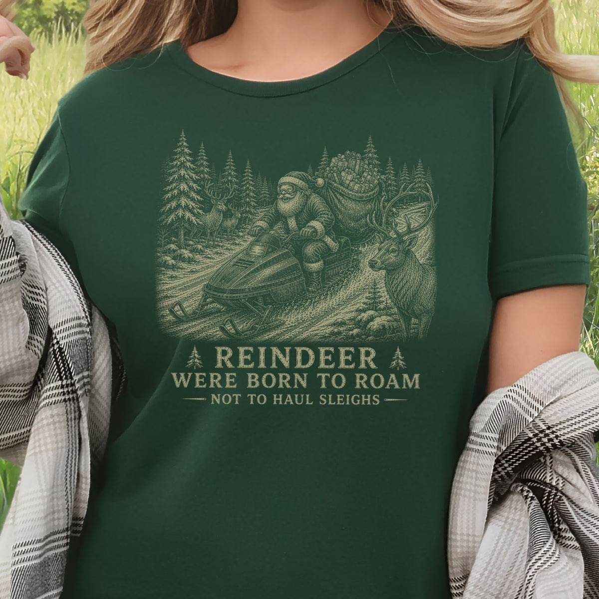 Reindeer Were Born to Roam T-Shirt – Santa Snowmobile Christmas Deer Tee