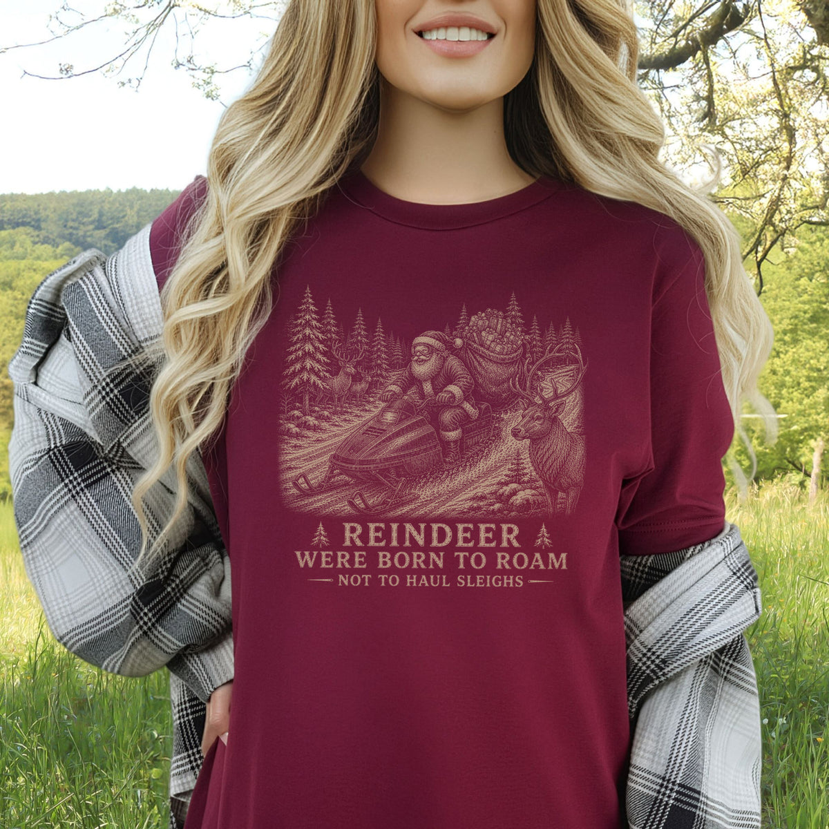 Reindeer Were Born to Roam T-Shirt – Santa Snowmobile Christmas Deer Tee