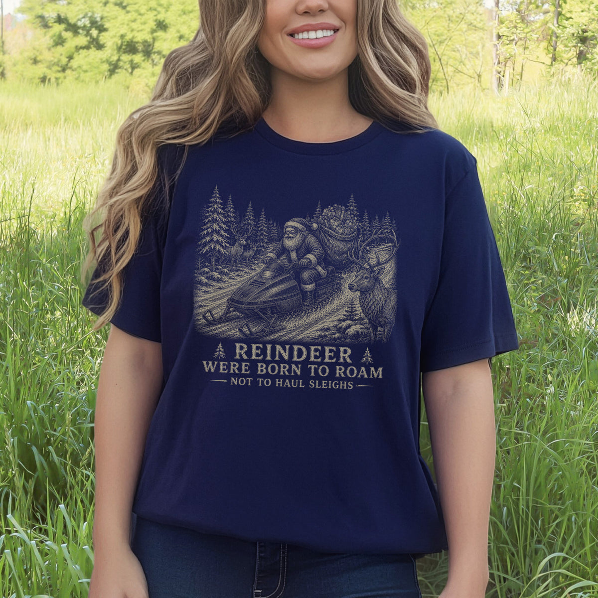 Reindeer Were Born to Roam T-Shirt – Santa Snowmobile Christmas Deer Tee