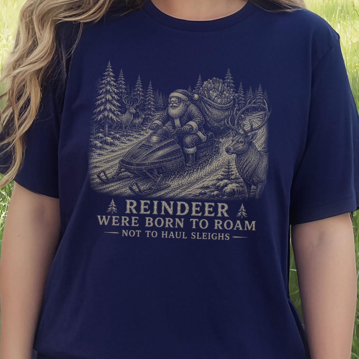 Reindeer Were Born to Roam T-Shirt – Santa Snowmobile Christmas Deer Tee