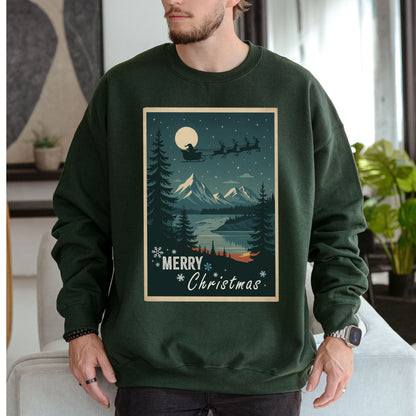 Santa's Sleigh Christmas Sweatshirt – Moonlit Mountains & Retro Holiday Magic