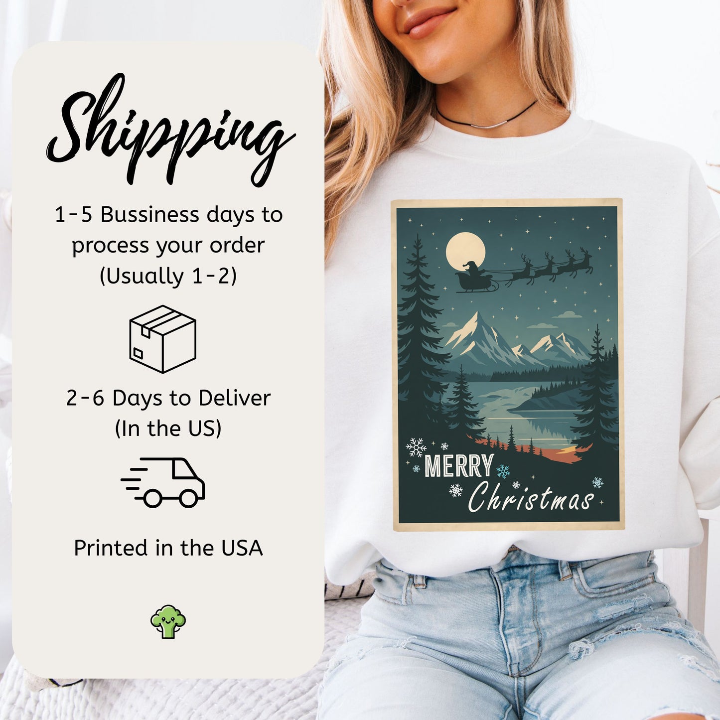 Santa's Sleigh Christmas Sweatshirt – Moonlit Mountains & Retro Holiday Magic
