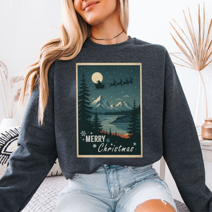 Santa's Sleigh Christmas Sweatshirt – Moonlit Mountains & Retro Holiday Magic