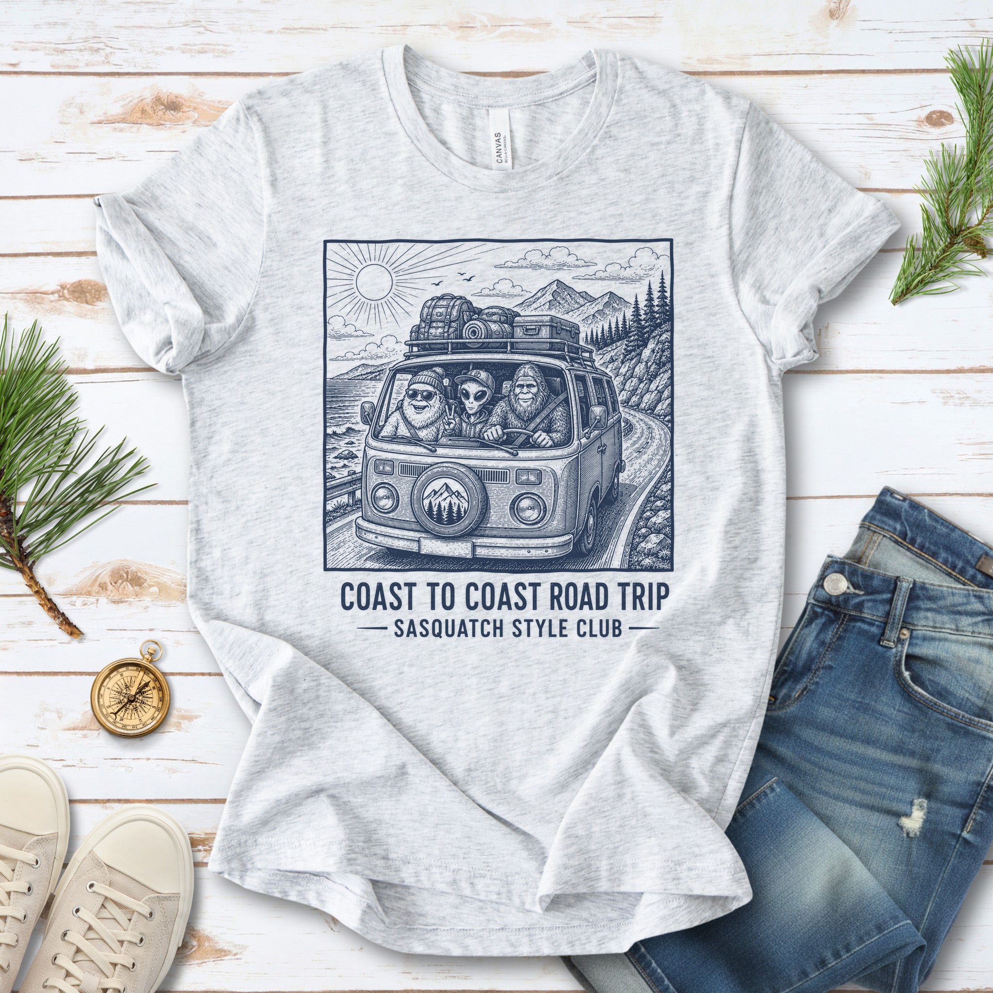 Coast to Coast Road Trip Sasquatch Style Club Van Life T-Shirt