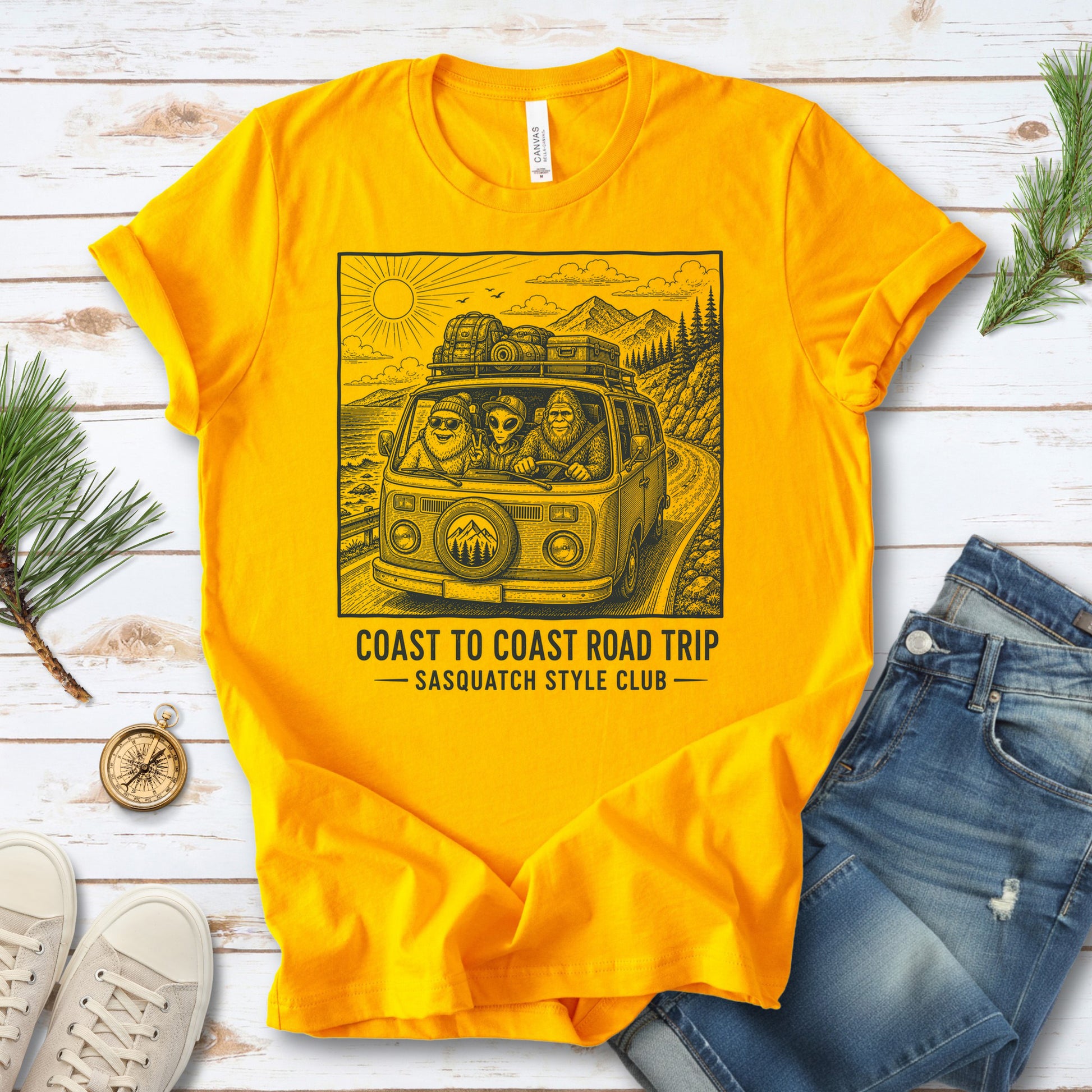 Coast to Coast Road Trip Sasquatch Style Club Van Life T-Shirt