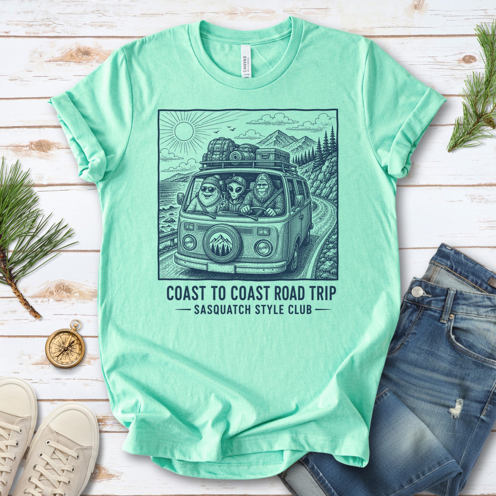 Coast to Coast Road Trip Sasquatch Style Club Van Life T-Shirt