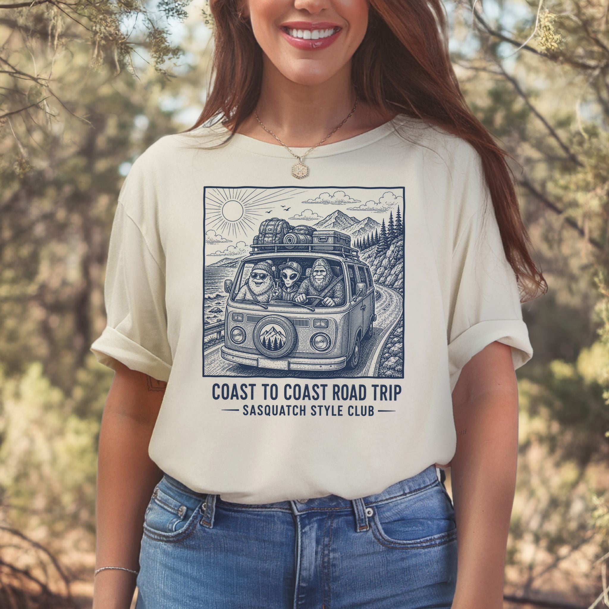 Coast to Coast Road Trip Sasquatch Style Club Van Life T-Shirt