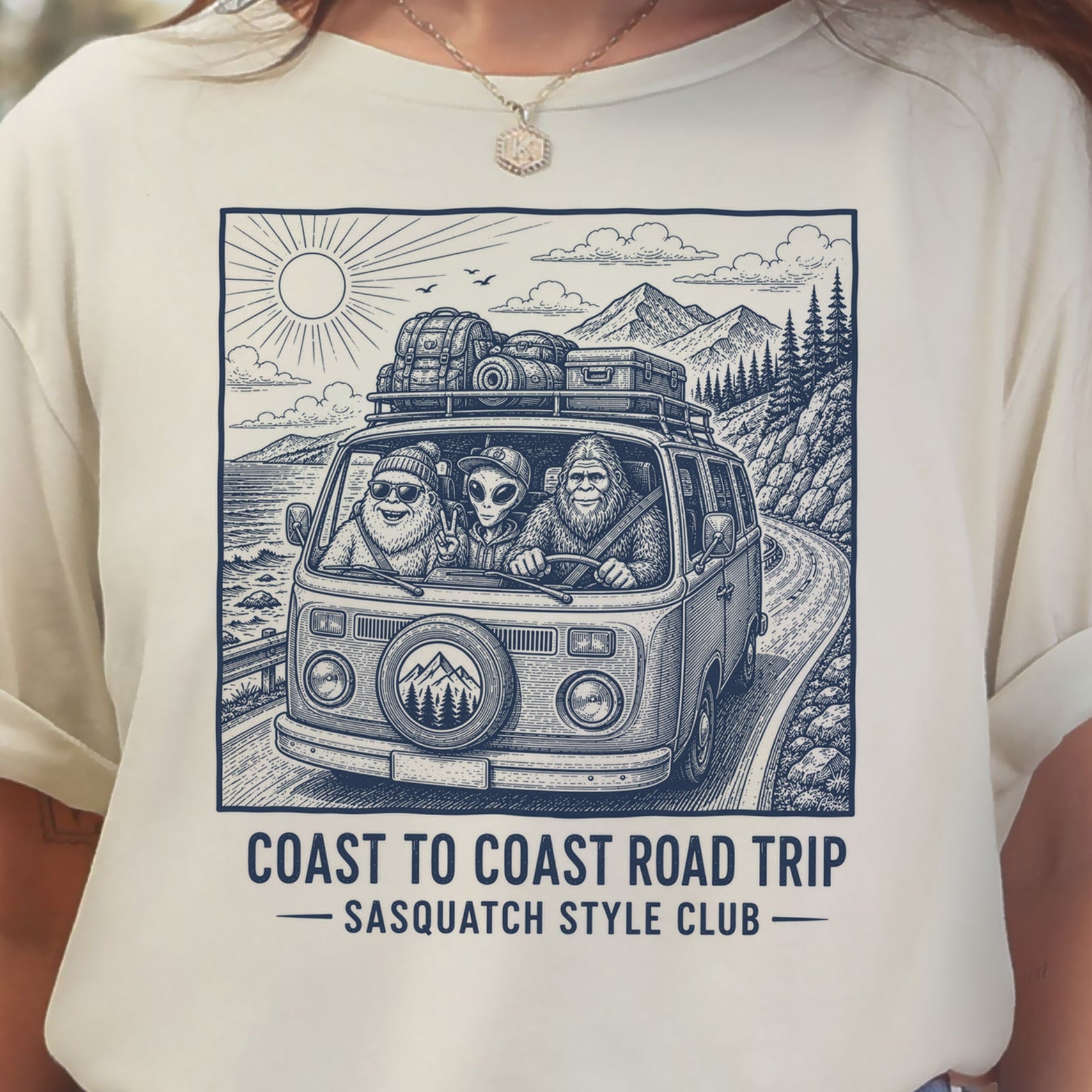 Coast to Coast Road Trip Sasquatch Style Club Van Life T-Shirt