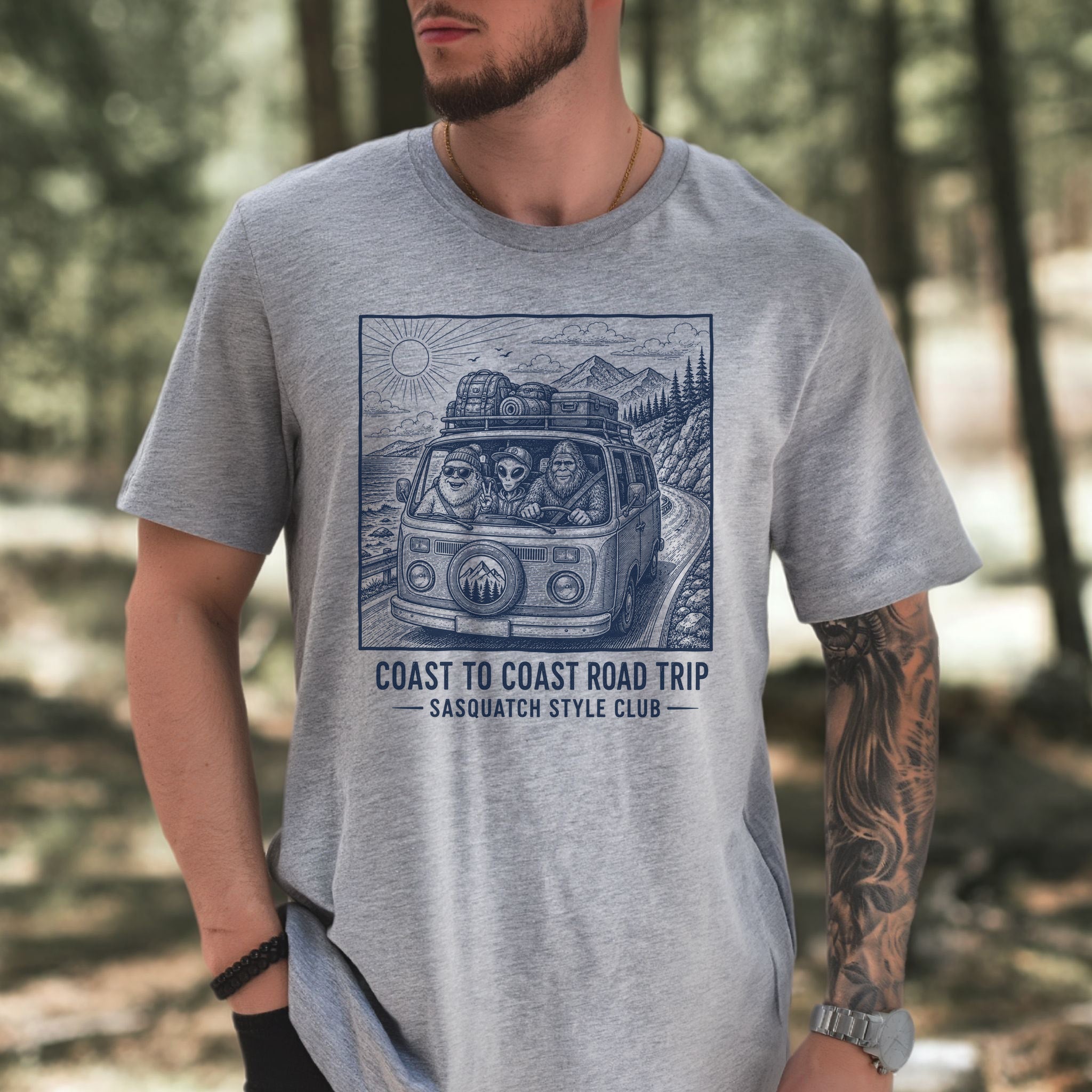 Coast to Coast Road Trip Sasquatch Style Club Van Life T-Shirt