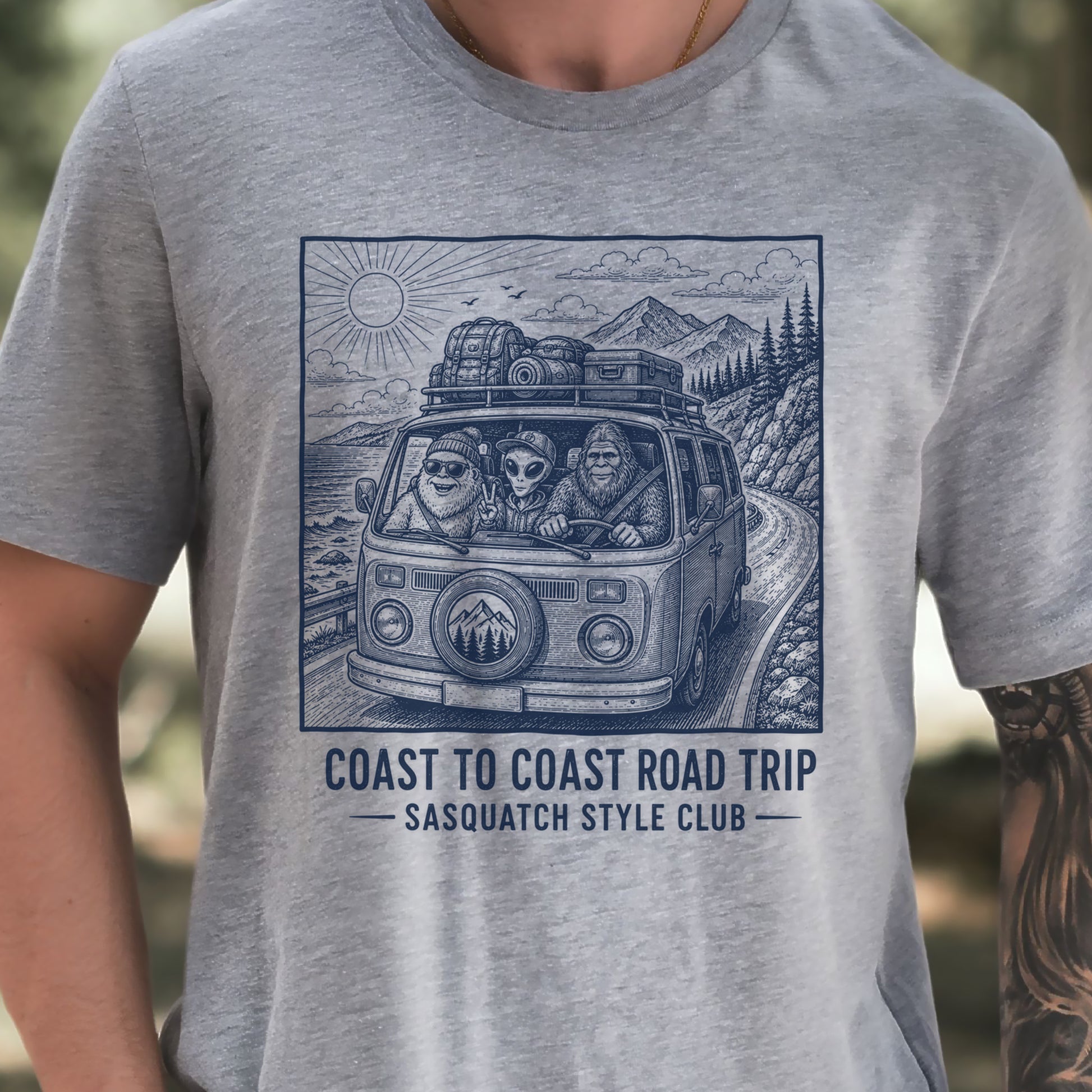 Coast to Coast Road Trip Sasquatch Style Club Van Life T-Shirt