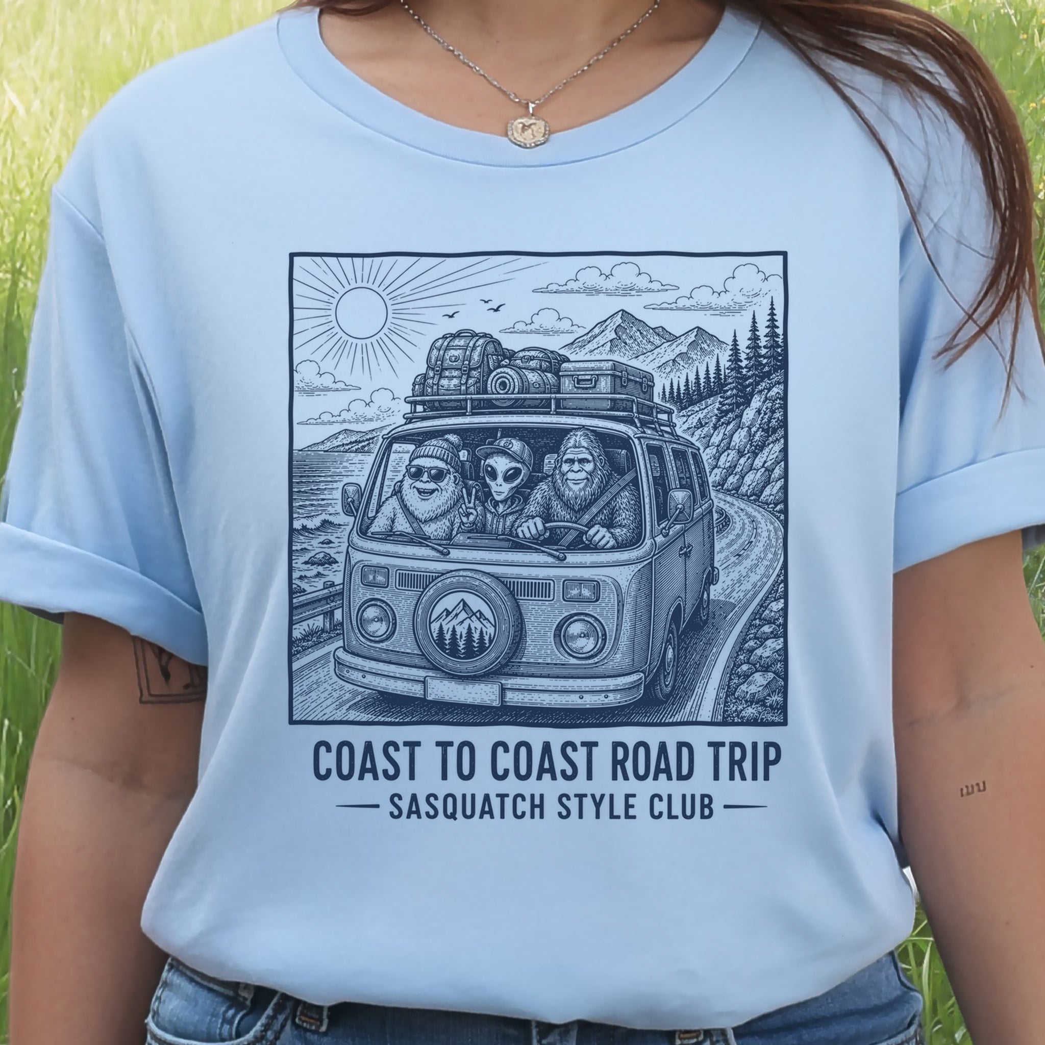 Coast to Coast Road Trip Sasquatch Style Club Van Life T-Shirt