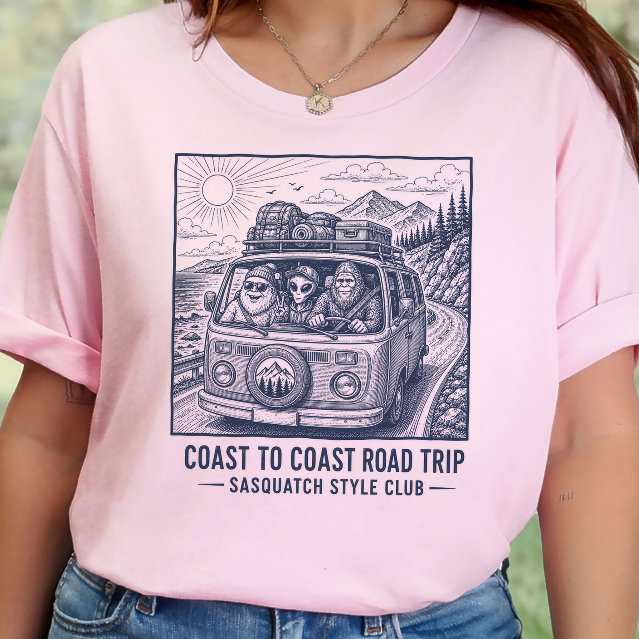 Coast to Coast Road Trip Sasquatch Style Club Van Life T-Shirt