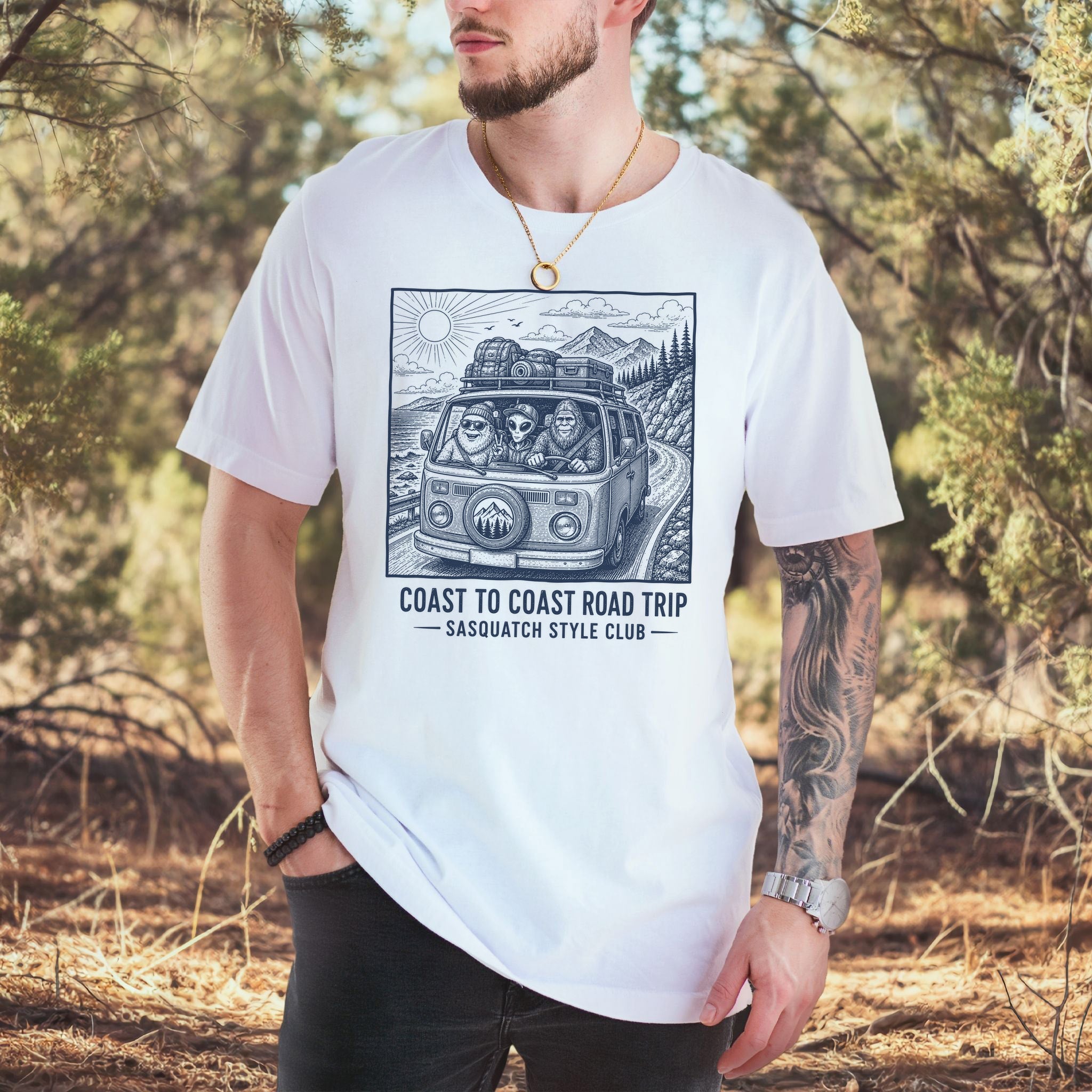 Coast to Coast Road Trip Sasquatch Style Club Van Life T-Shirt