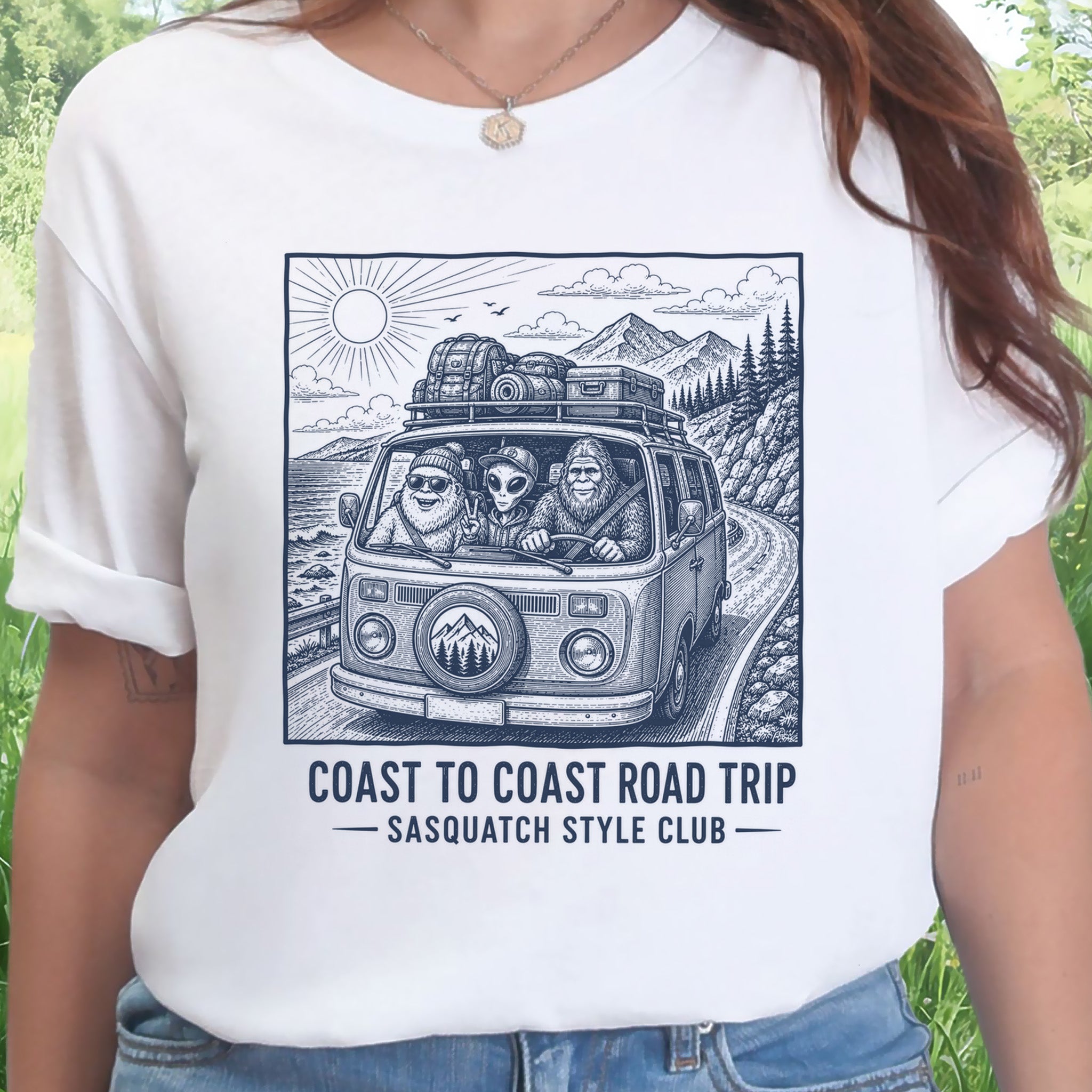 Coast to Coast Road Trip Sasquatch Style Club Van Life T-Shirt