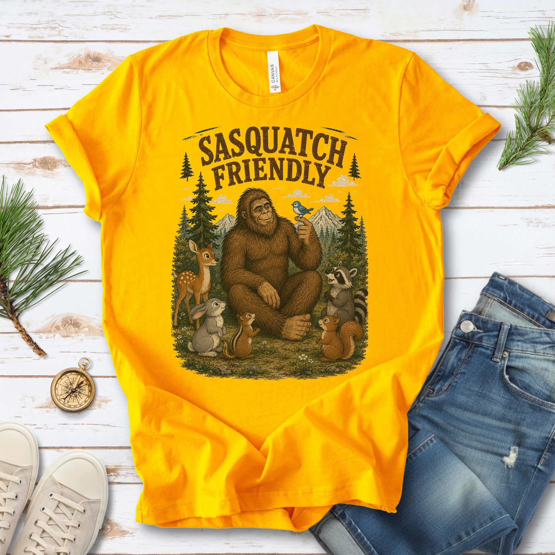 Sasquatch Friendly Bigfoot Forest Animals Wildlife T-Shirt