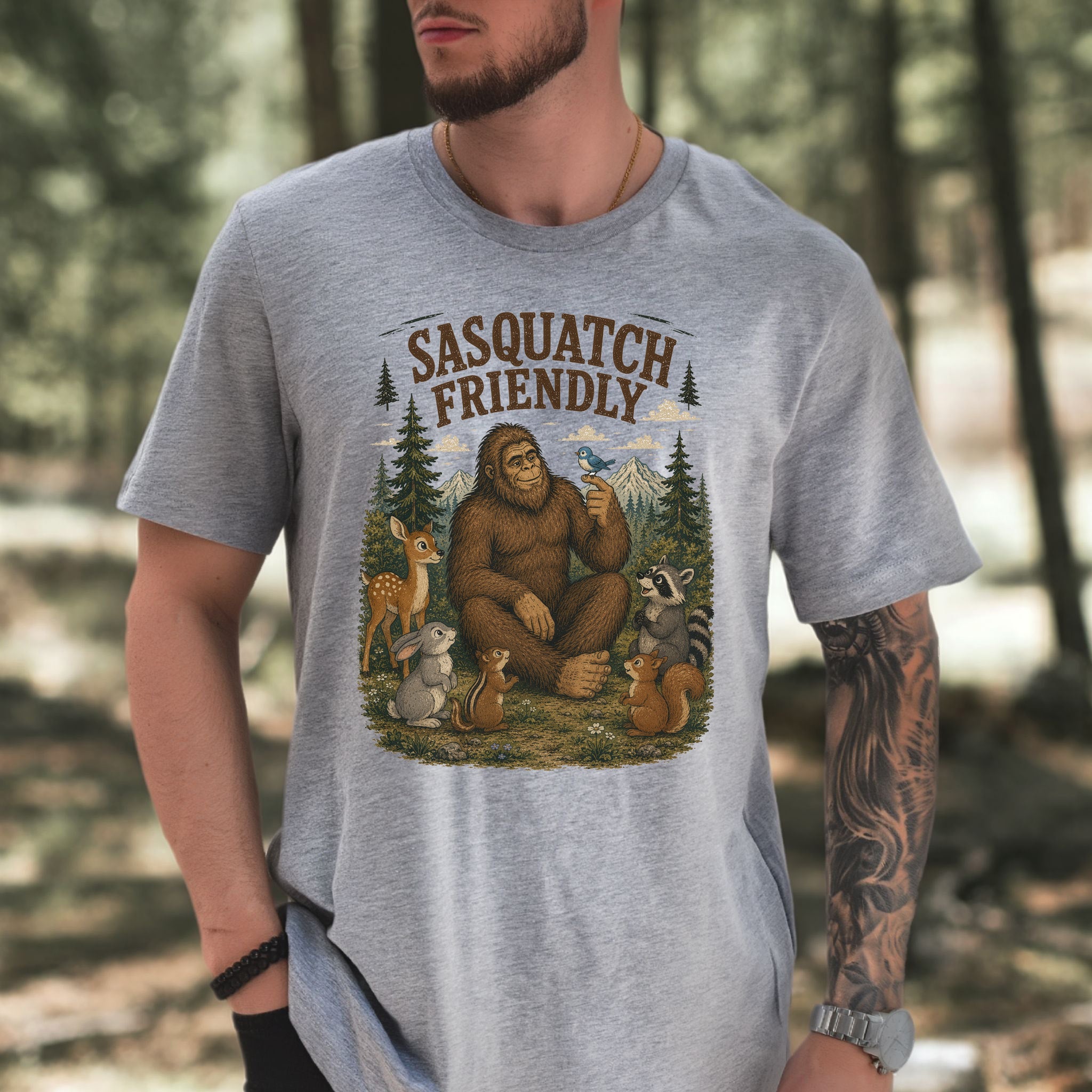 Sasquatch Friendly Bigfoot Forest Animals Wildlife T-Shirt