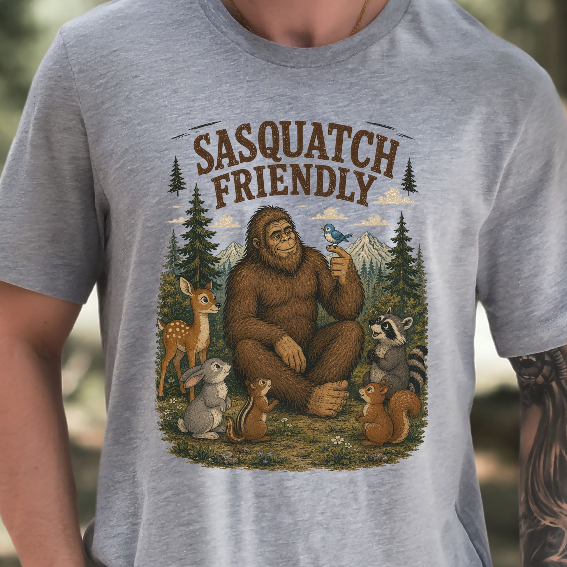Sasquatch Friendly Bigfoot Forest Animals Wildlife T-Shirt