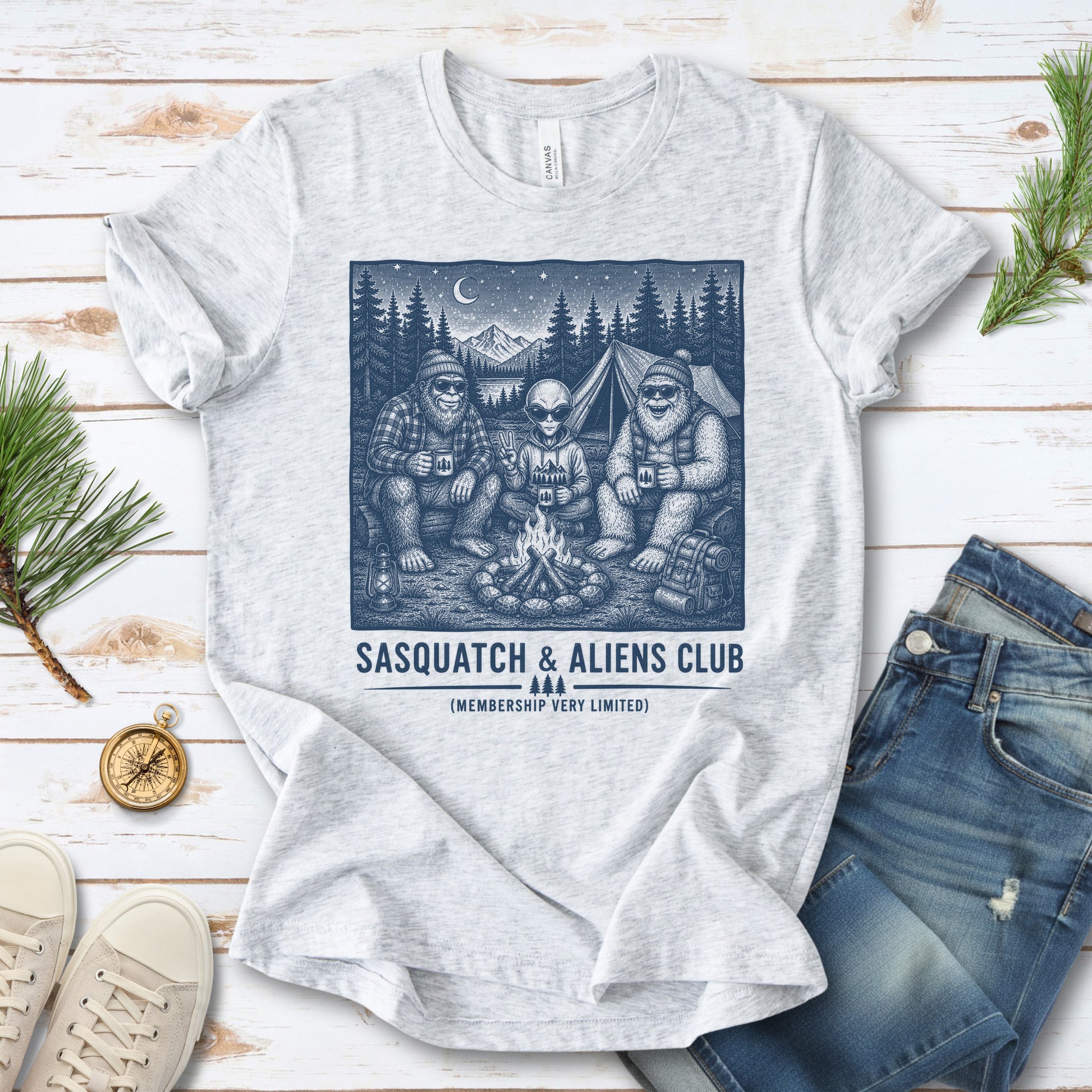 Sasquatch & Aliens Camping Club Cryptid Campfire Forest T-Shirt