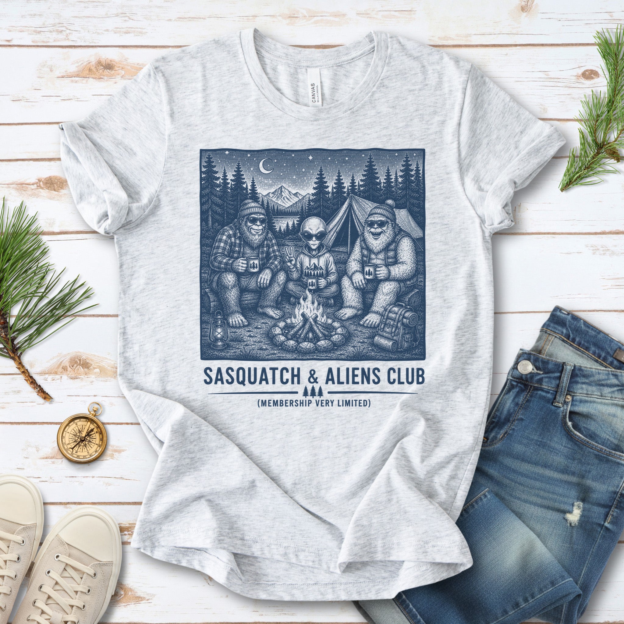Sasquatch & Aliens Camping Club Cryptid Campfire Forest T-Shirt