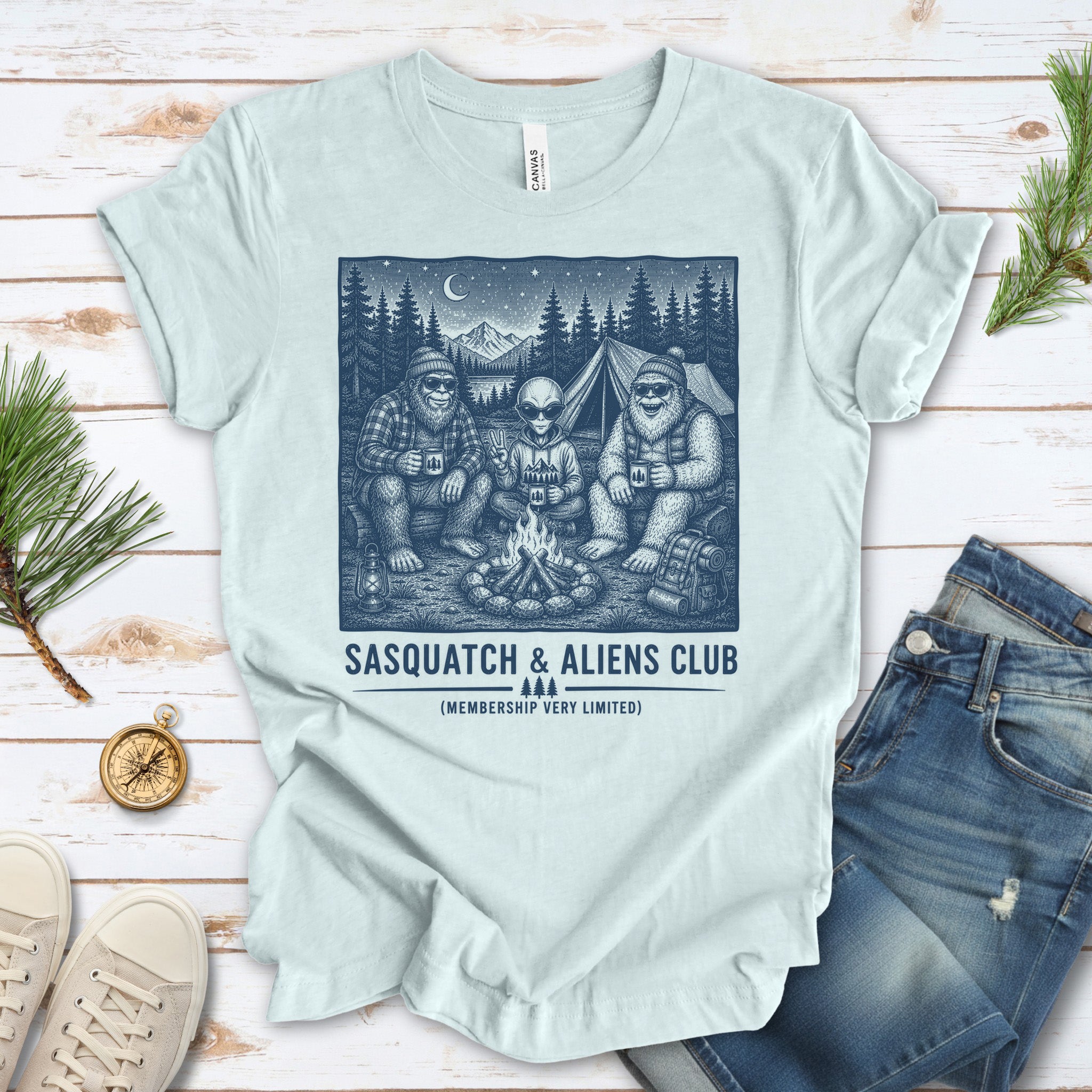 Sasquatch & Aliens Camping Club Cryptid Campfire Forest T-Shirt