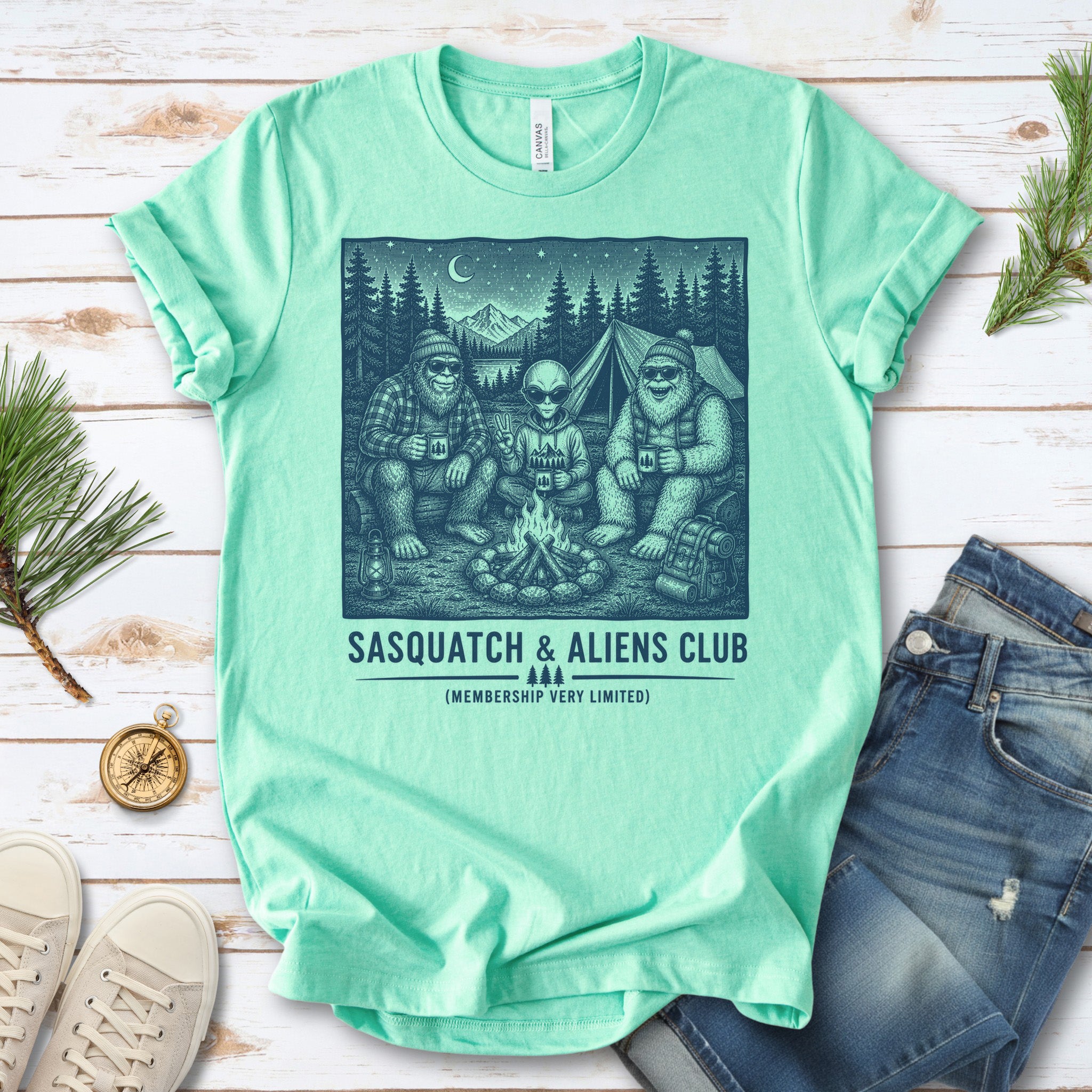 Sasquatch & Aliens Camping Club Cryptid Campfire Forest T-Shirt