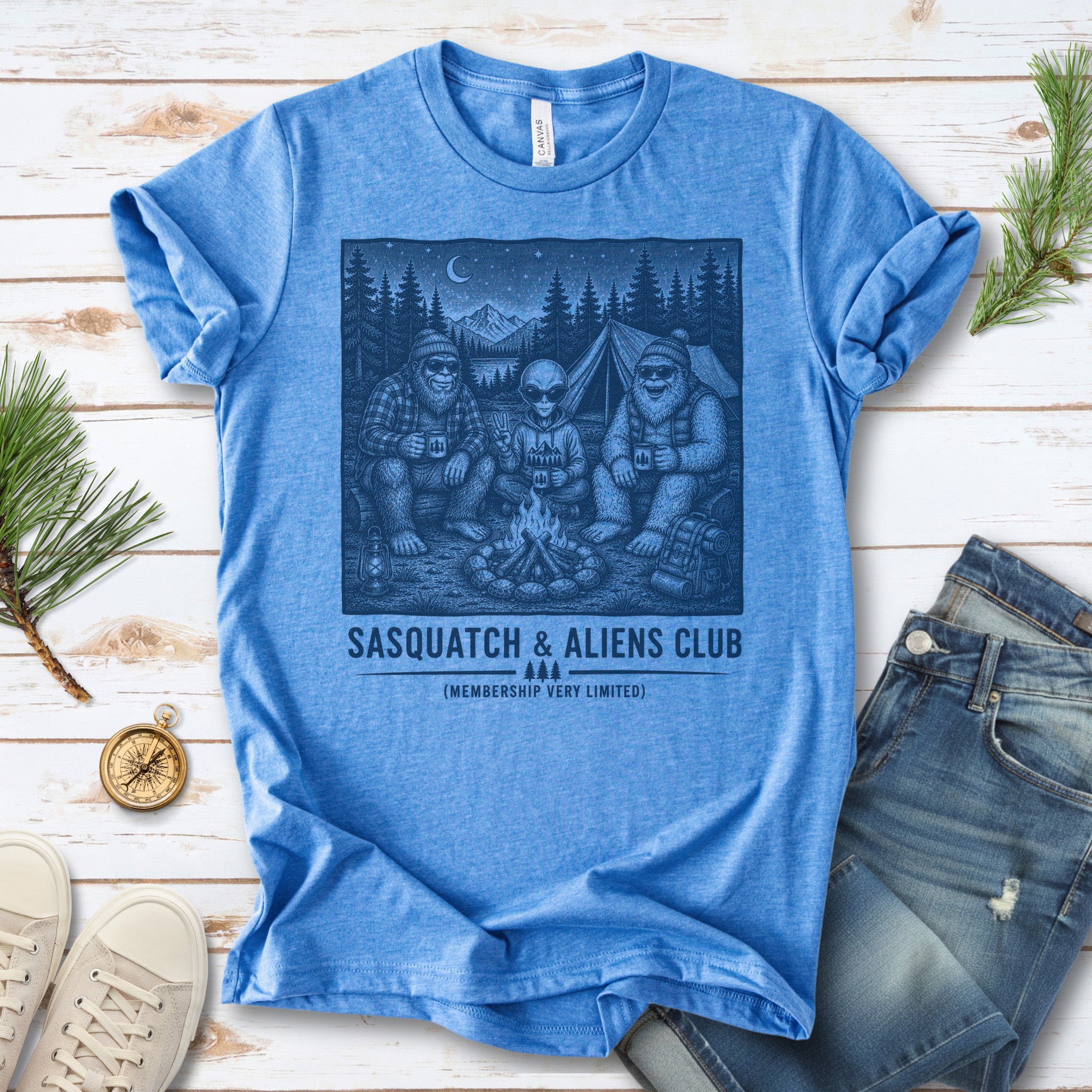 Sasquatch & Aliens Camping Club Cryptid Campfire Forest T-Shirt