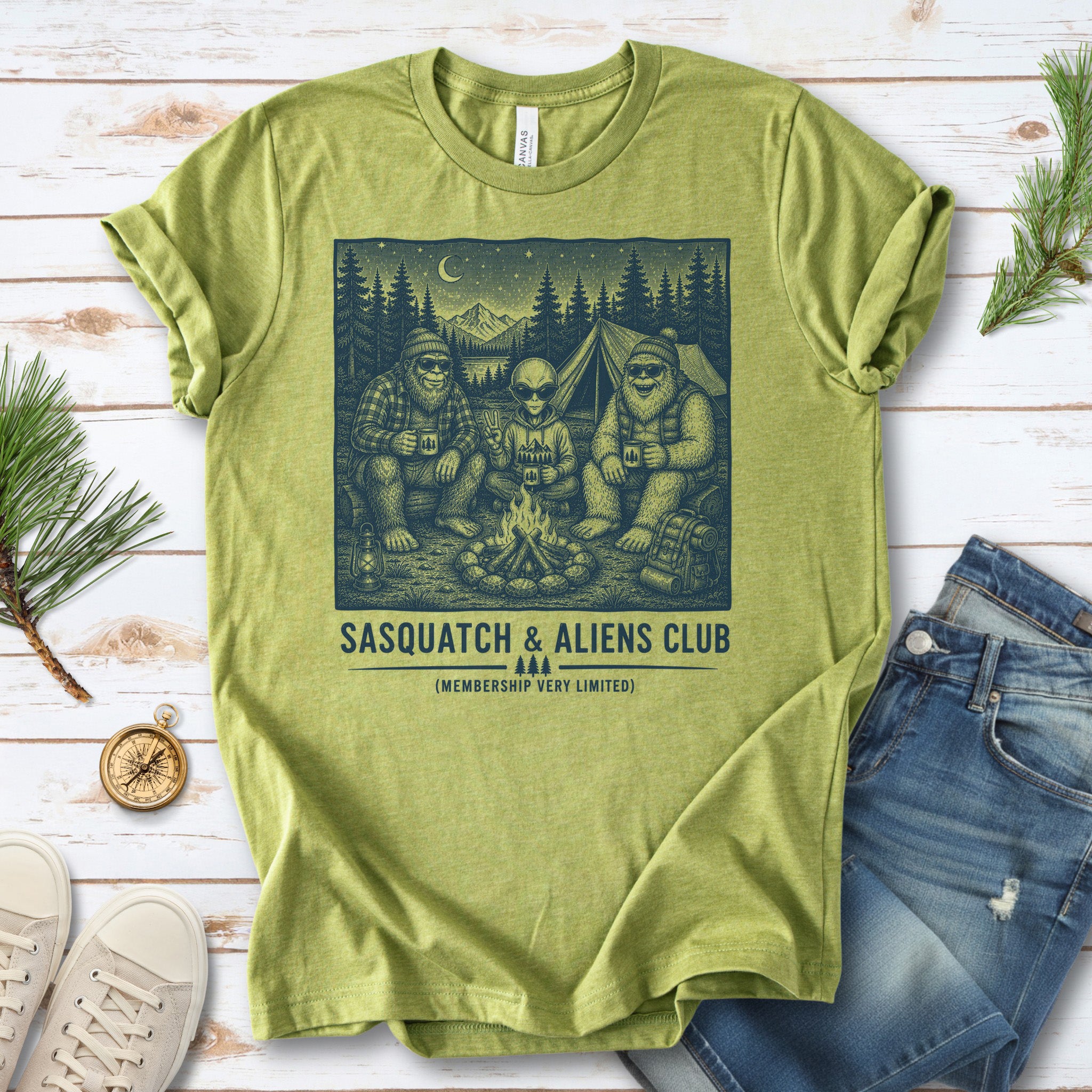 Sasquatch & Aliens Camping Club Cryptid Campfire Forest T-Shirt