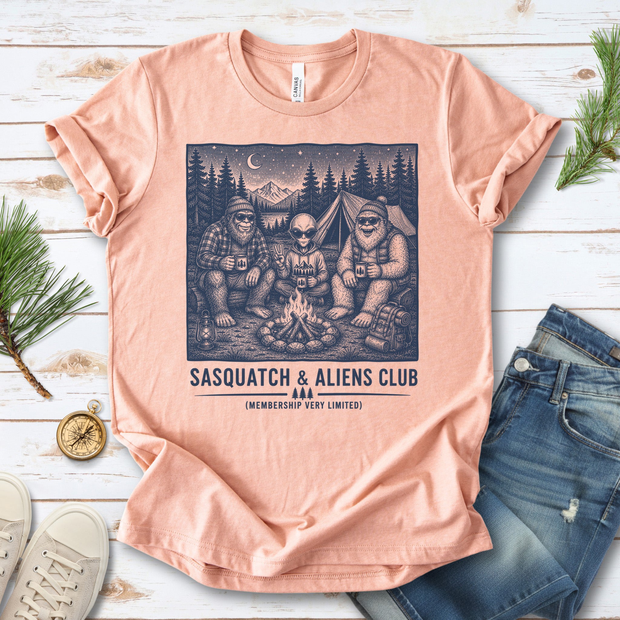 Sasquatch & Aliens Camping Club Cryptid Campfire Forest T-Shirt