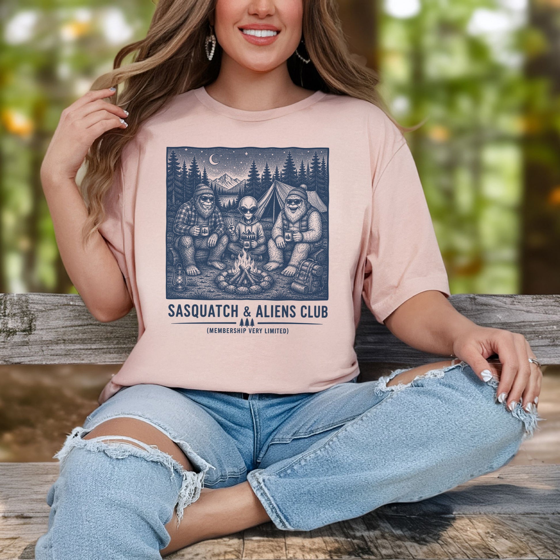 Sasquatch & Aliens Camping Club Cryptid Campfire Forest T-Shirt