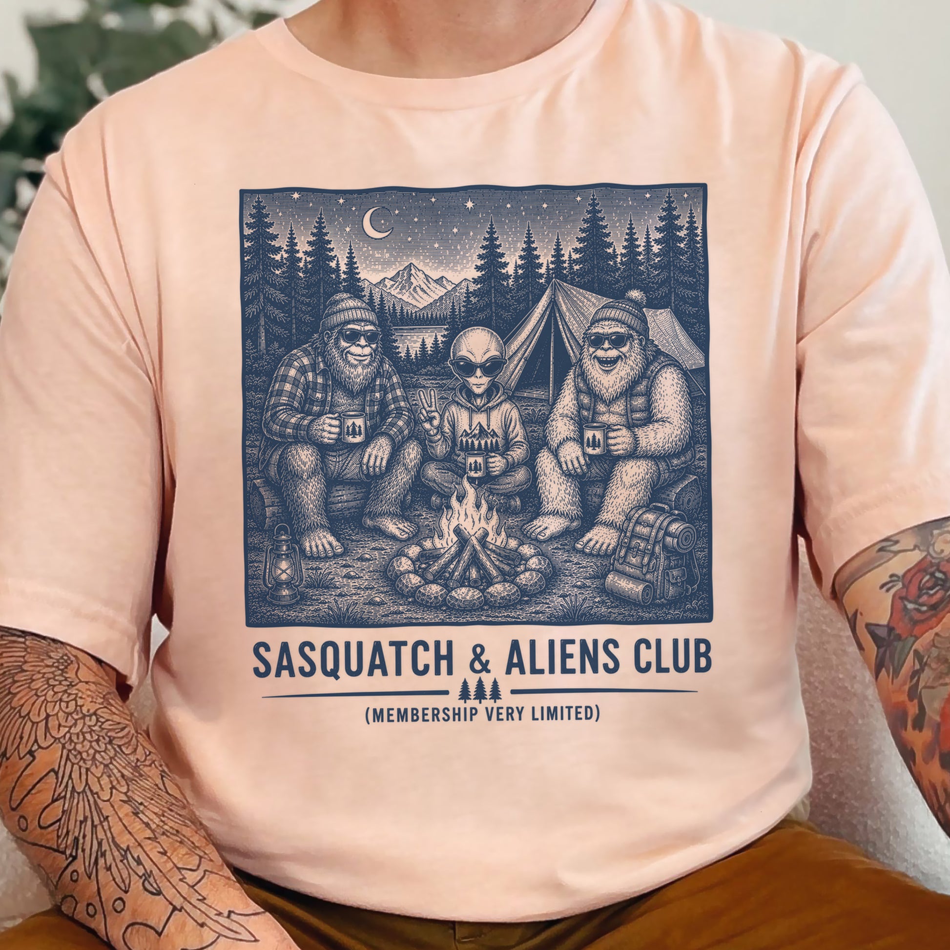 Sasquatch & Aliens Camping Club Cryptid Campfire Forest T-Shirt