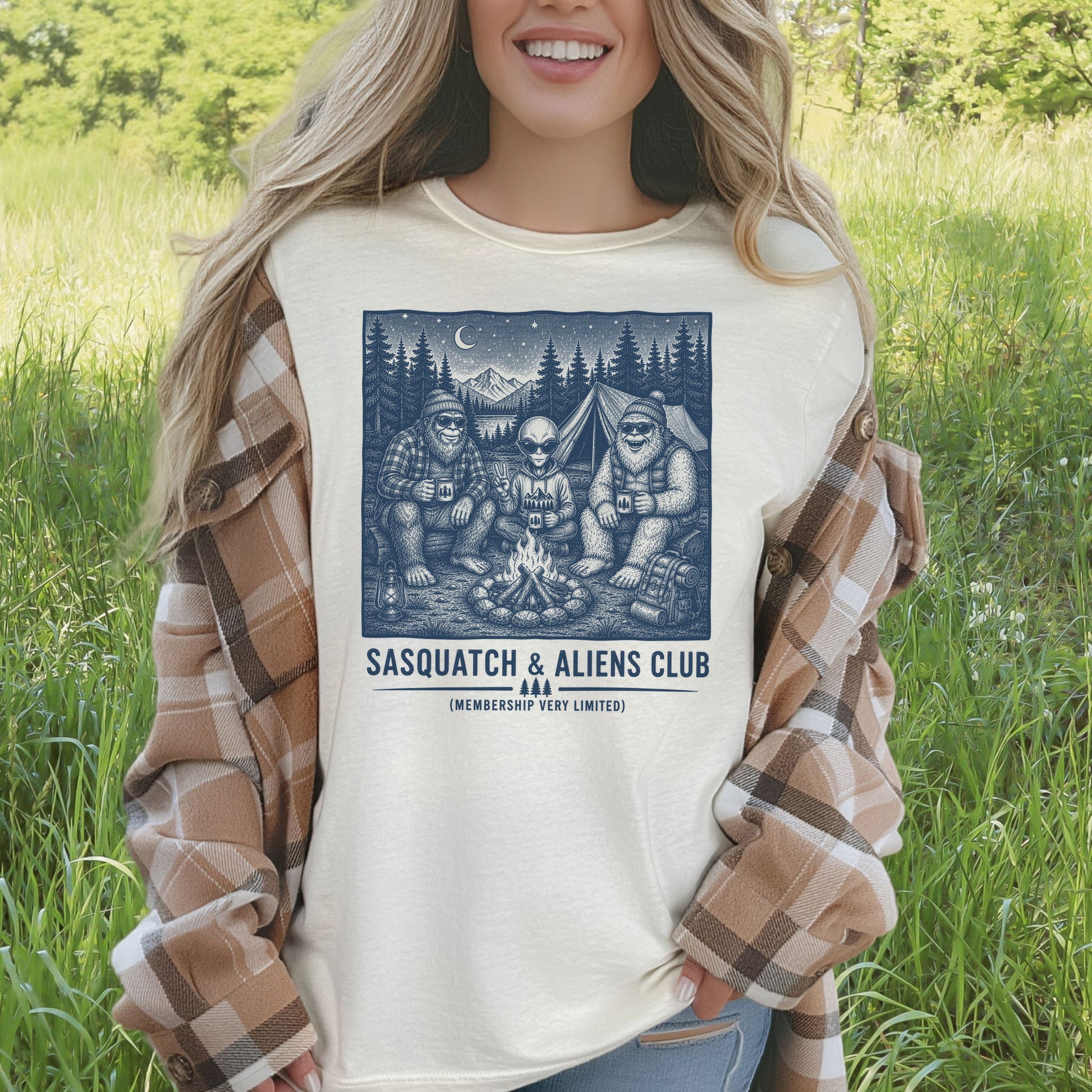 Sasquatch & Aliens Camping Club Cryptid Campfire Forest T-Shirt