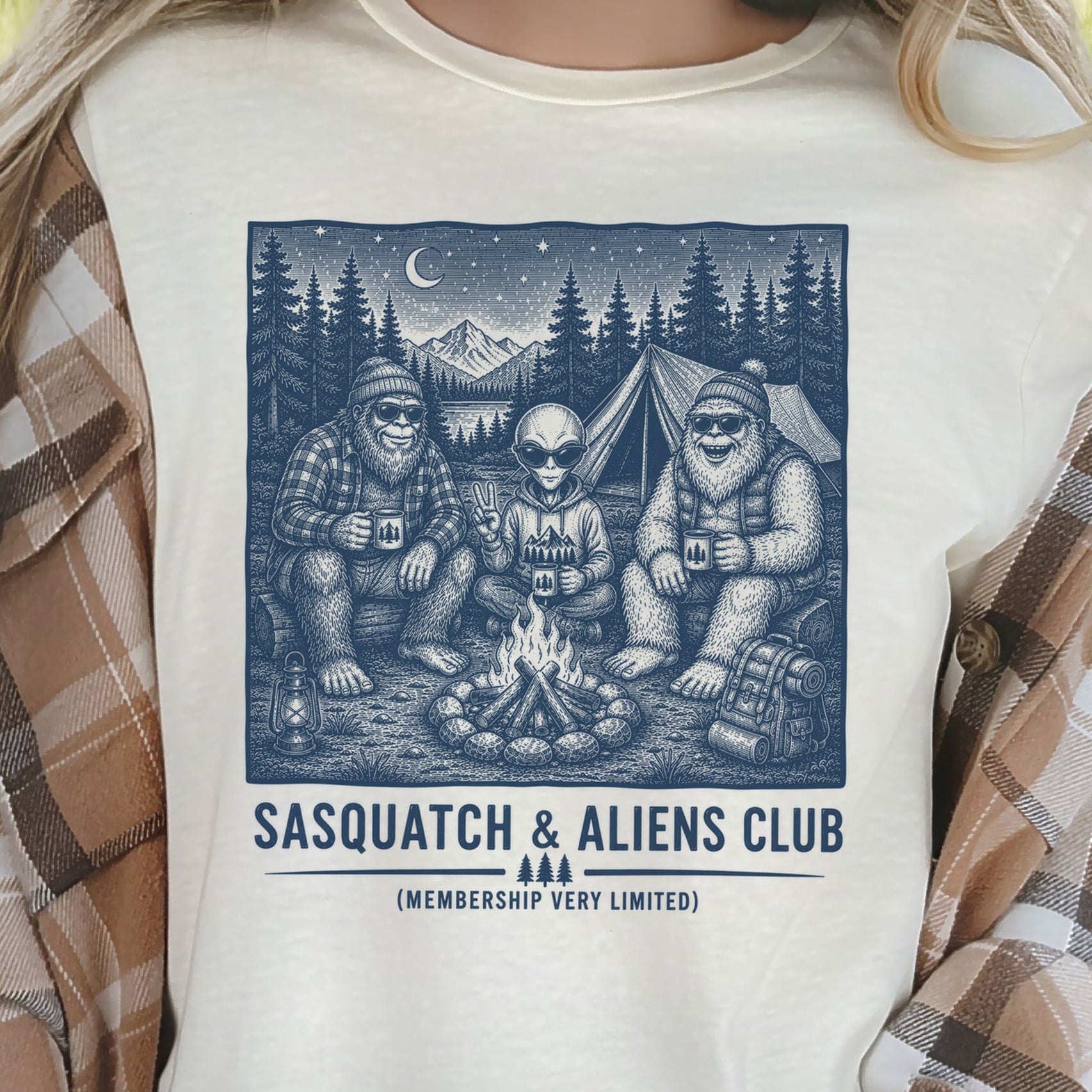 Sasquatch & Aliens Camping Club Cryptid Campfire Forest T-Shirt