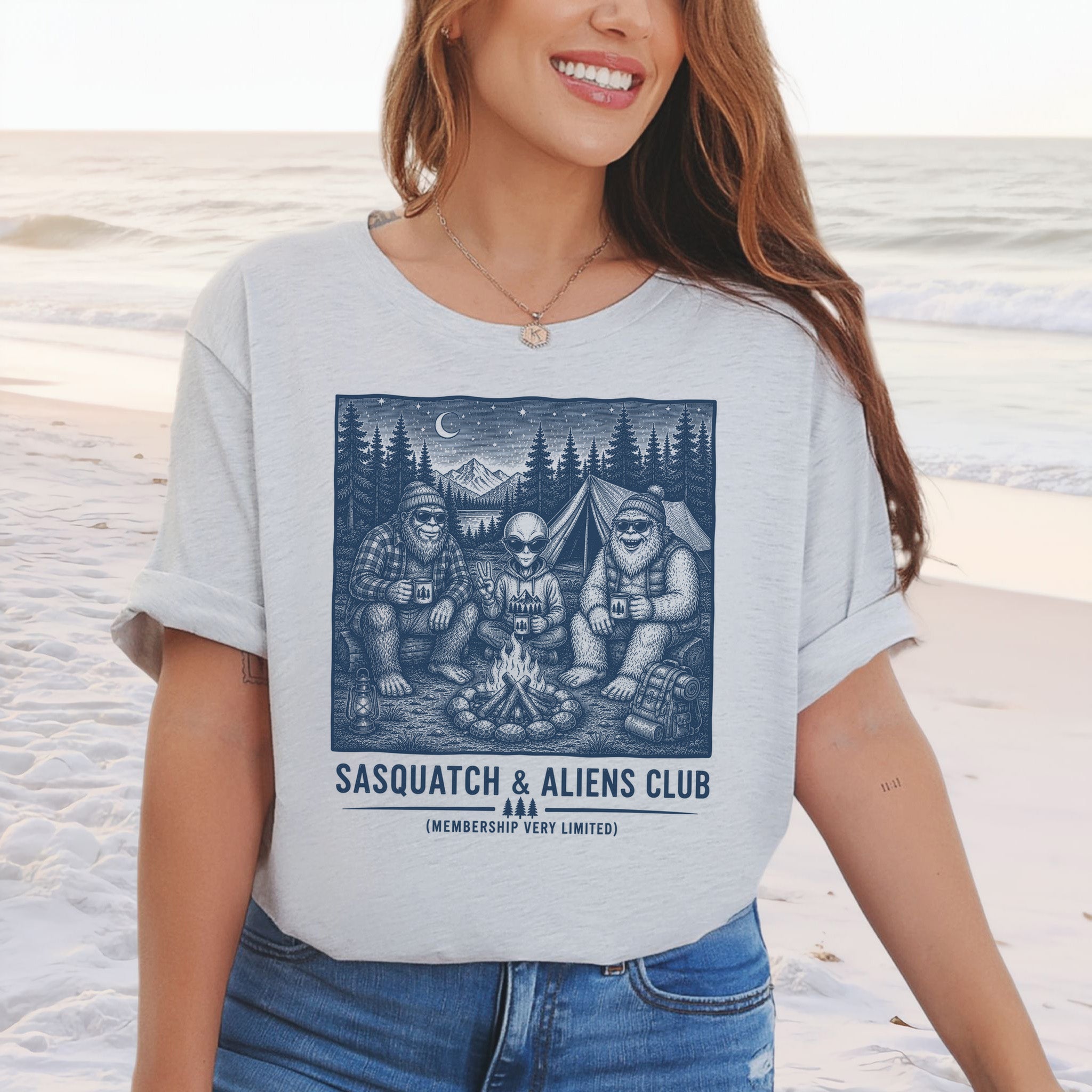 Sasquatch & Aliens Camping Club Cryptid Campfire Forest T-Shirt