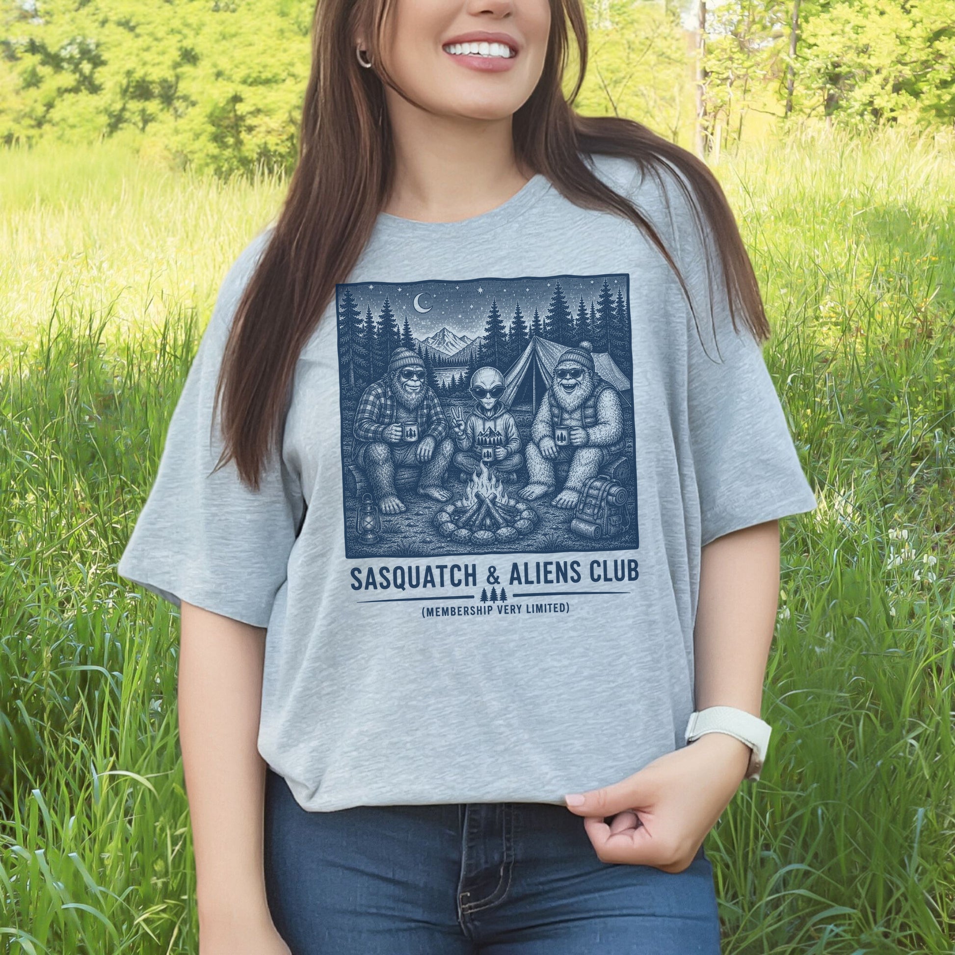 Sasquatch & Aliens Camping Club Cryptid Campfire Forest T-Shirt