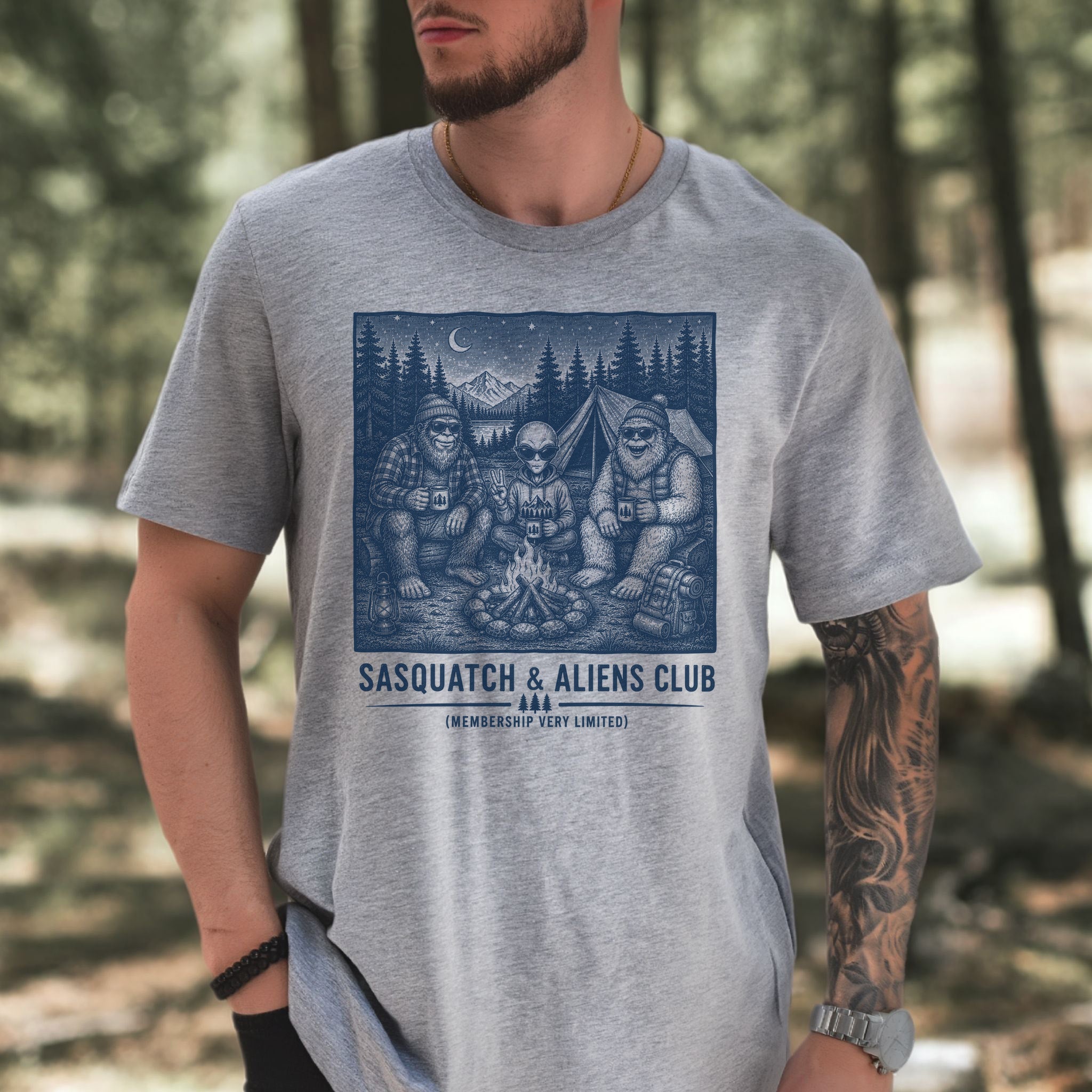 Sasquatch & Aliens Camping Club Cryptid Campfire Forest T-Shirt
