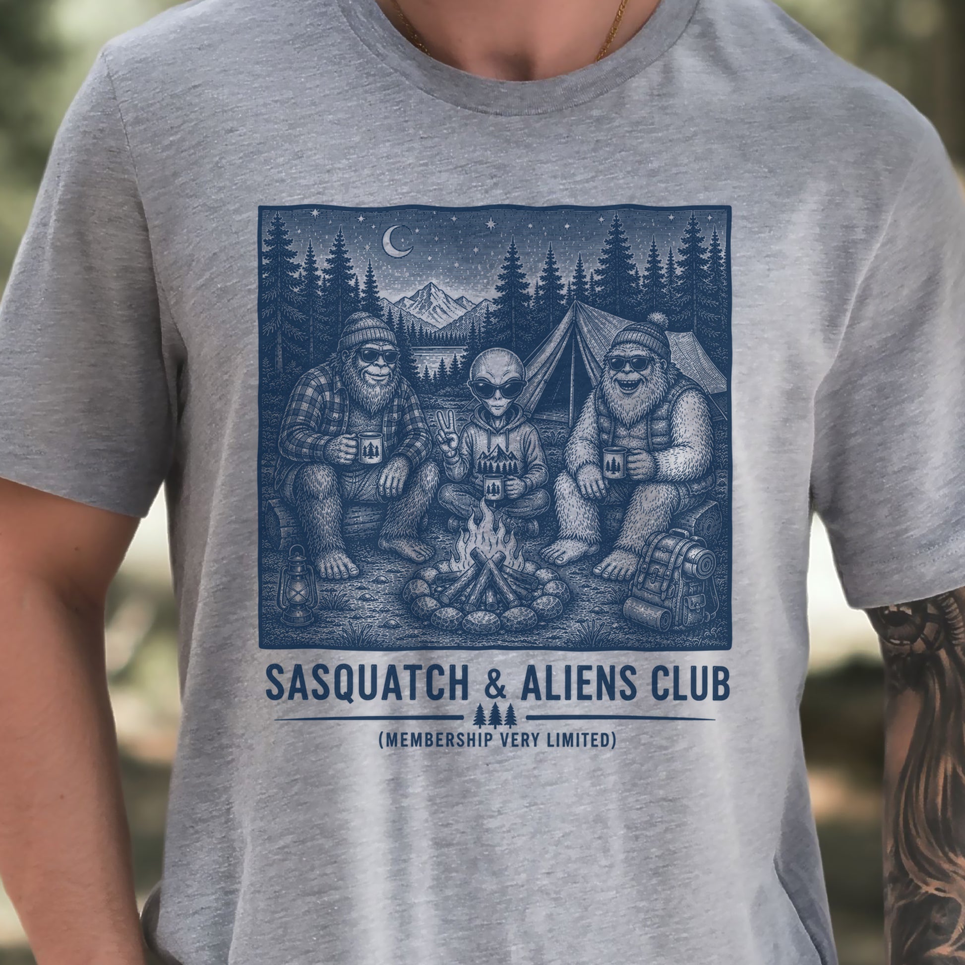 Sasquatch & Aliens Camping Club Cryptid Campfire Forest T-Shirt