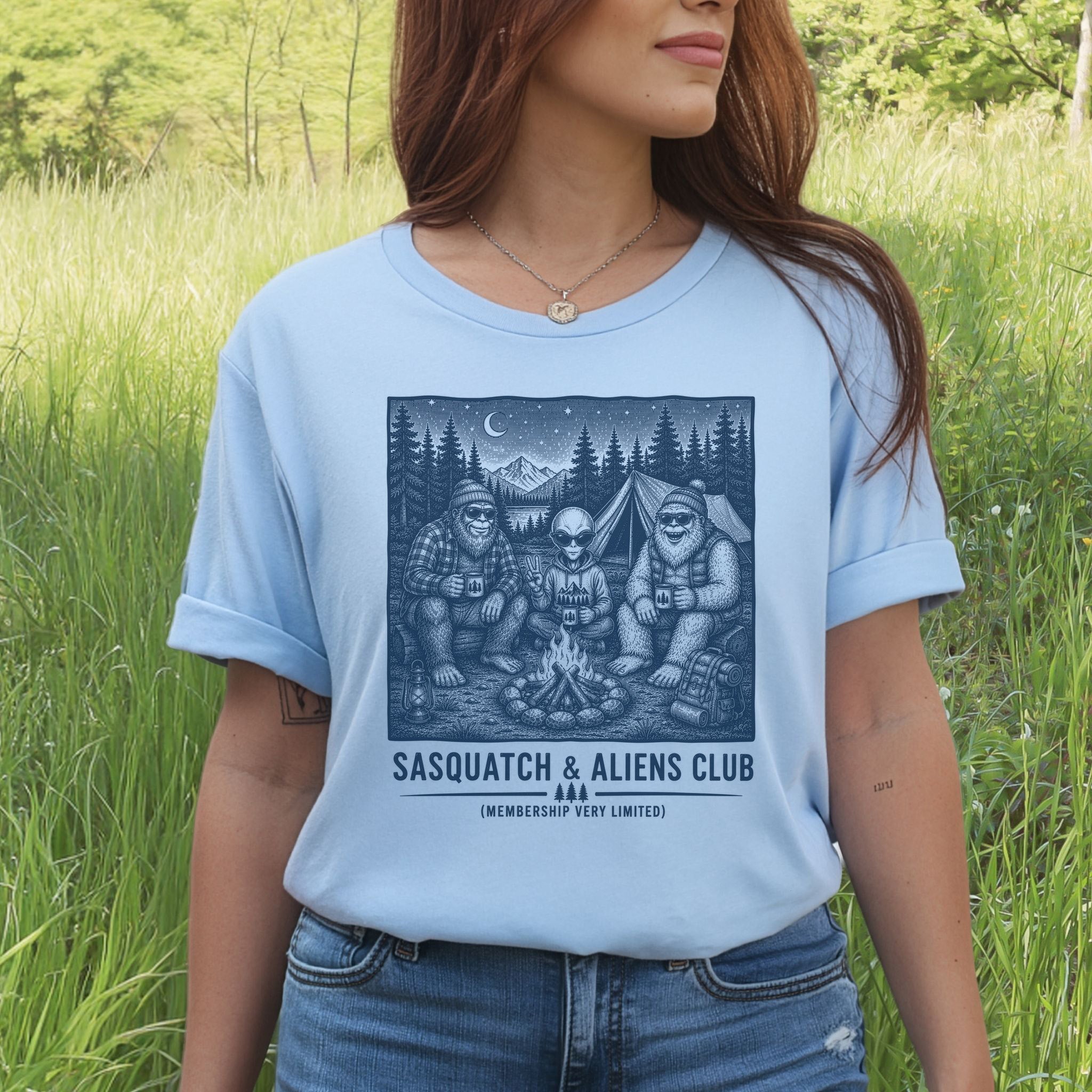 Sasquatch & Aliens Camping Club Cryptid Campfire Forest T-Shirt