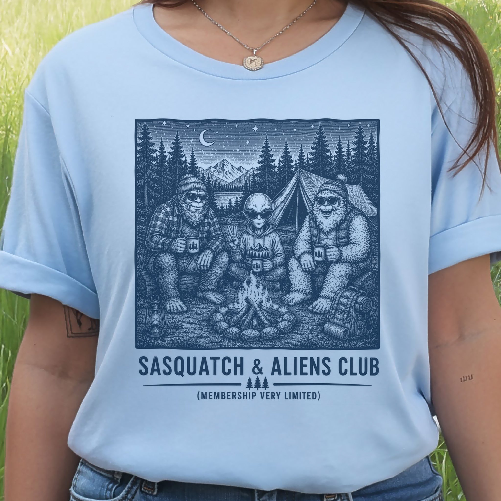 Sasquatch & Aliens Camping Club Cryptid Campfire Forest T-Shirt