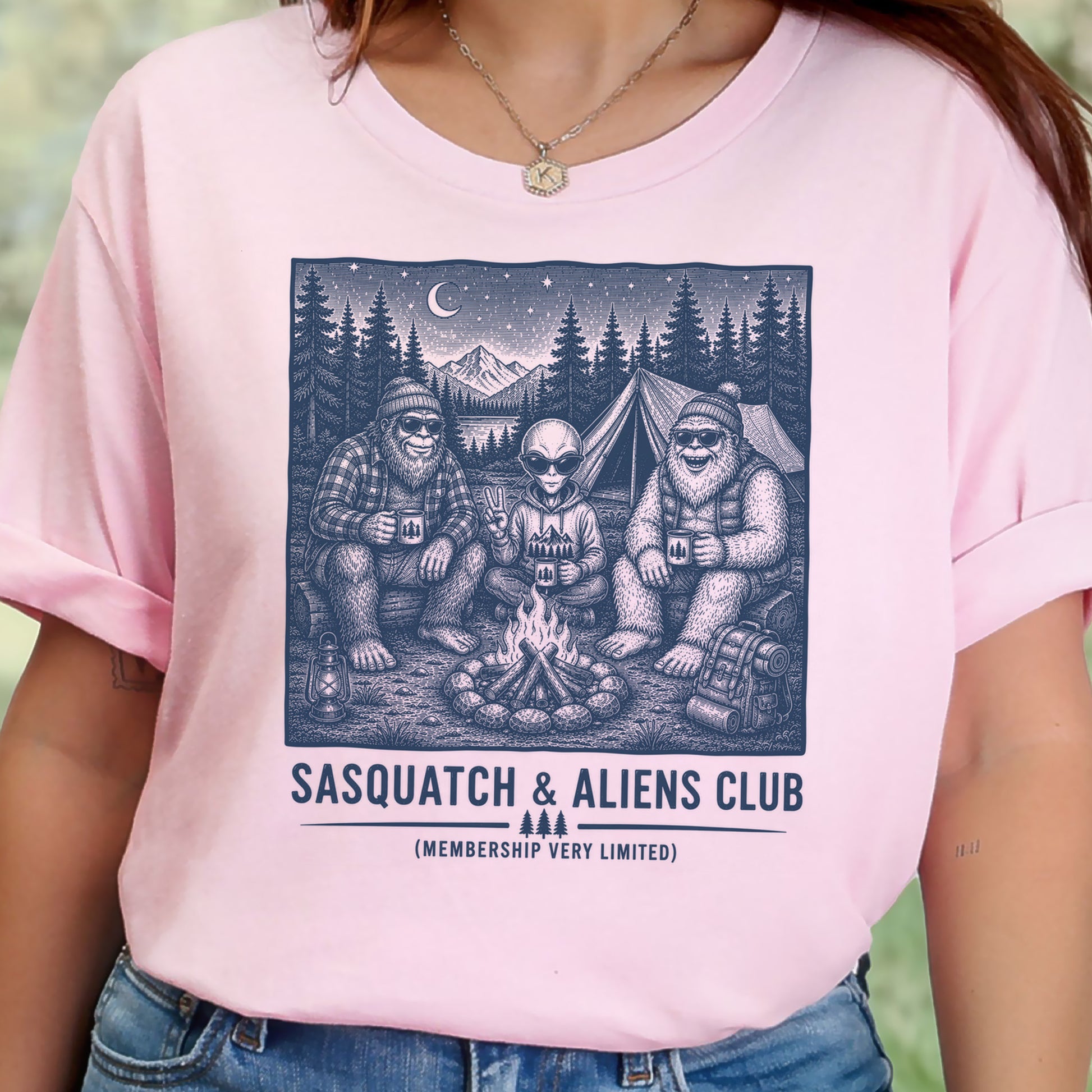 Sasquatch & Aliens Camping Club Cryptid Campfire Forest T-Shirt