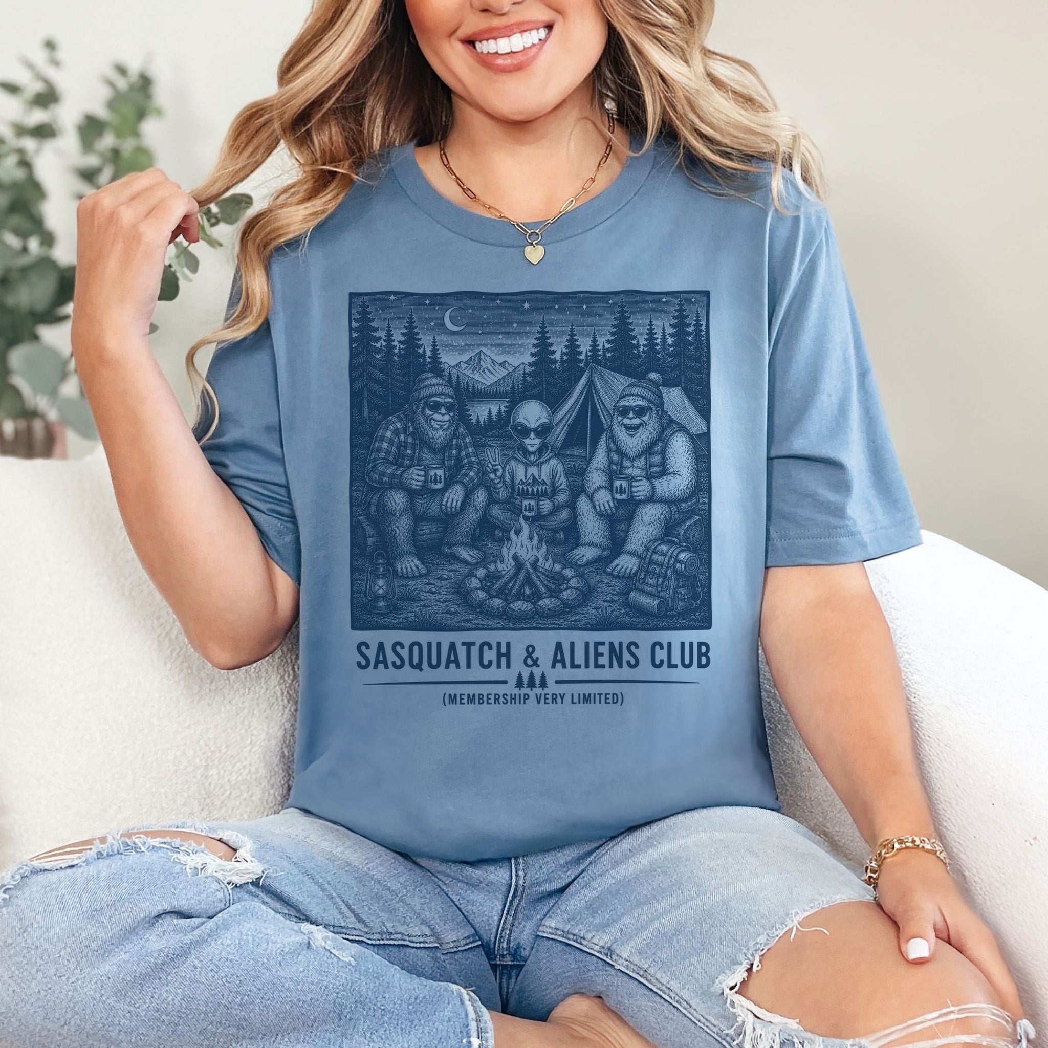 Sasquatch & Aliens Camping Club Cryptid Campfire Forest T-Shirt